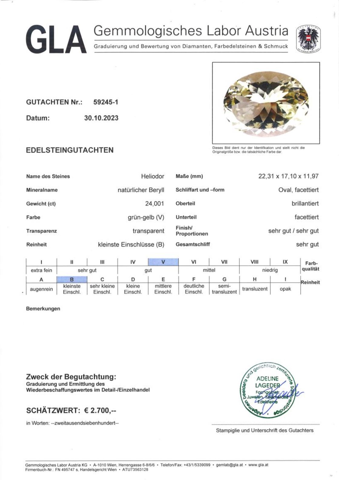 Heliodor Beryll Ovalschliff grünlich gelb 24,001 ct