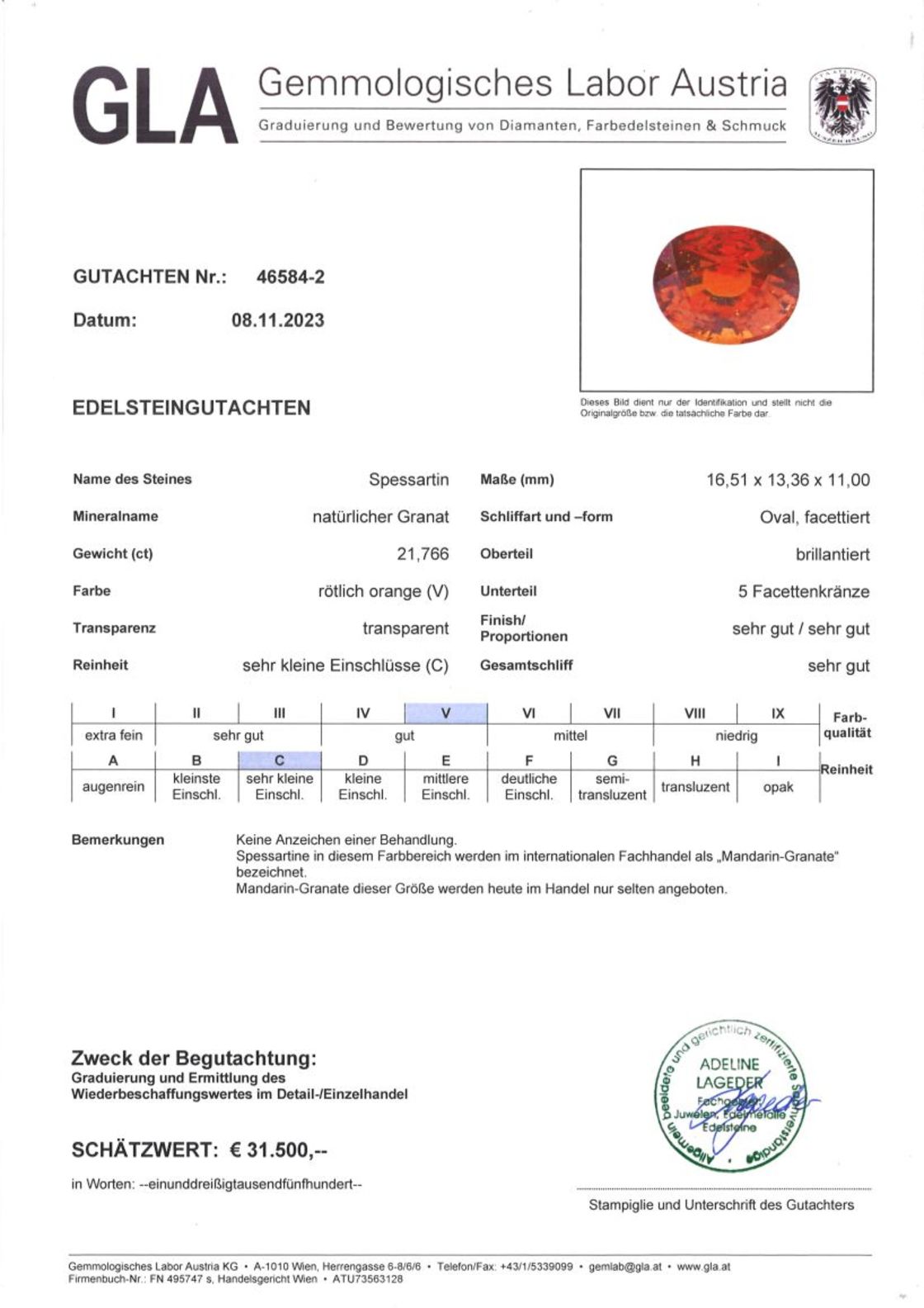 Mandarin Granat Ovalschliff rötlich orange 21,766 ct