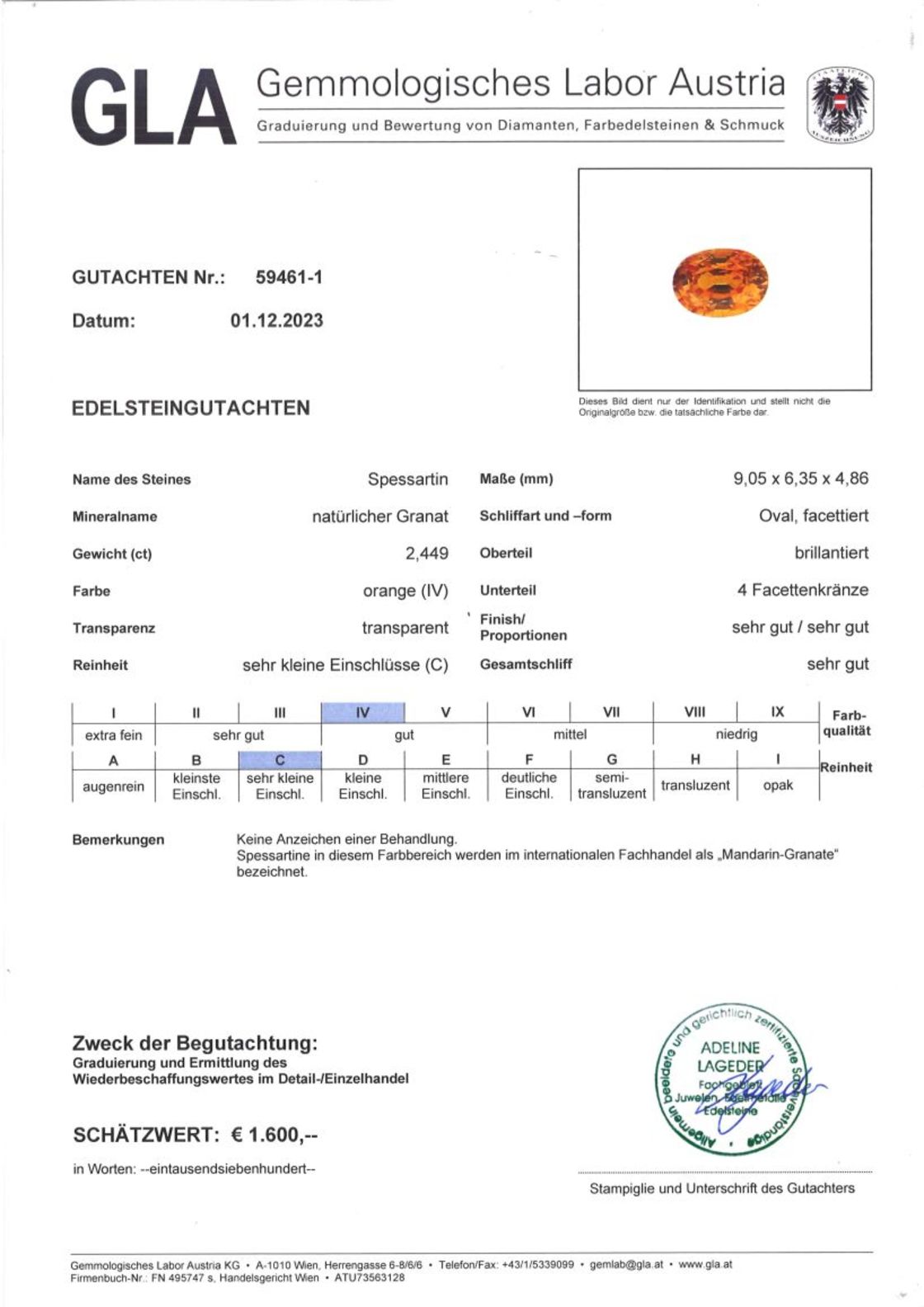 Mandarin-Granat Ovalschliff orange 2,449 ct