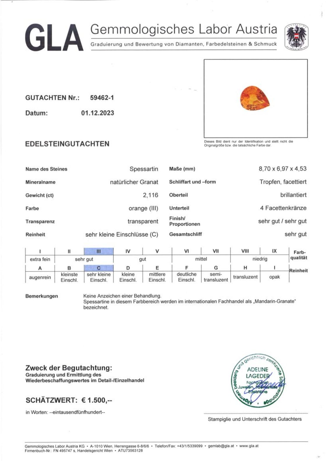 Gutachten zu Mandarin-Granat pear intense orange 2.11 ct