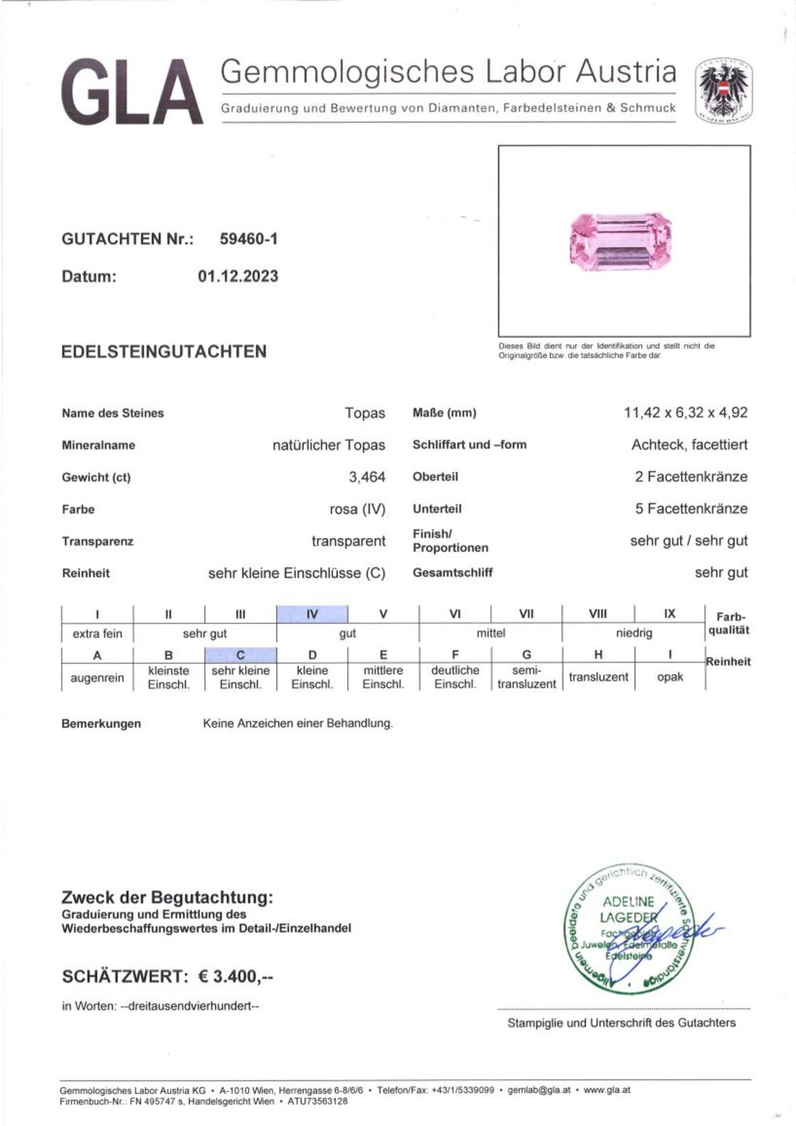 Rosa Topas Achteckschliff unbehandelt 3,464 ct