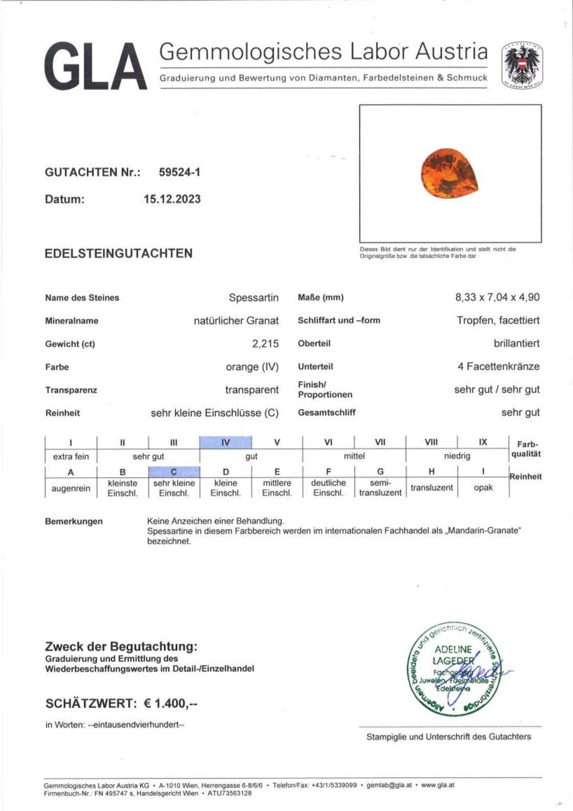 Mandarin Granat Tropfenschliff orange 2,215 ct