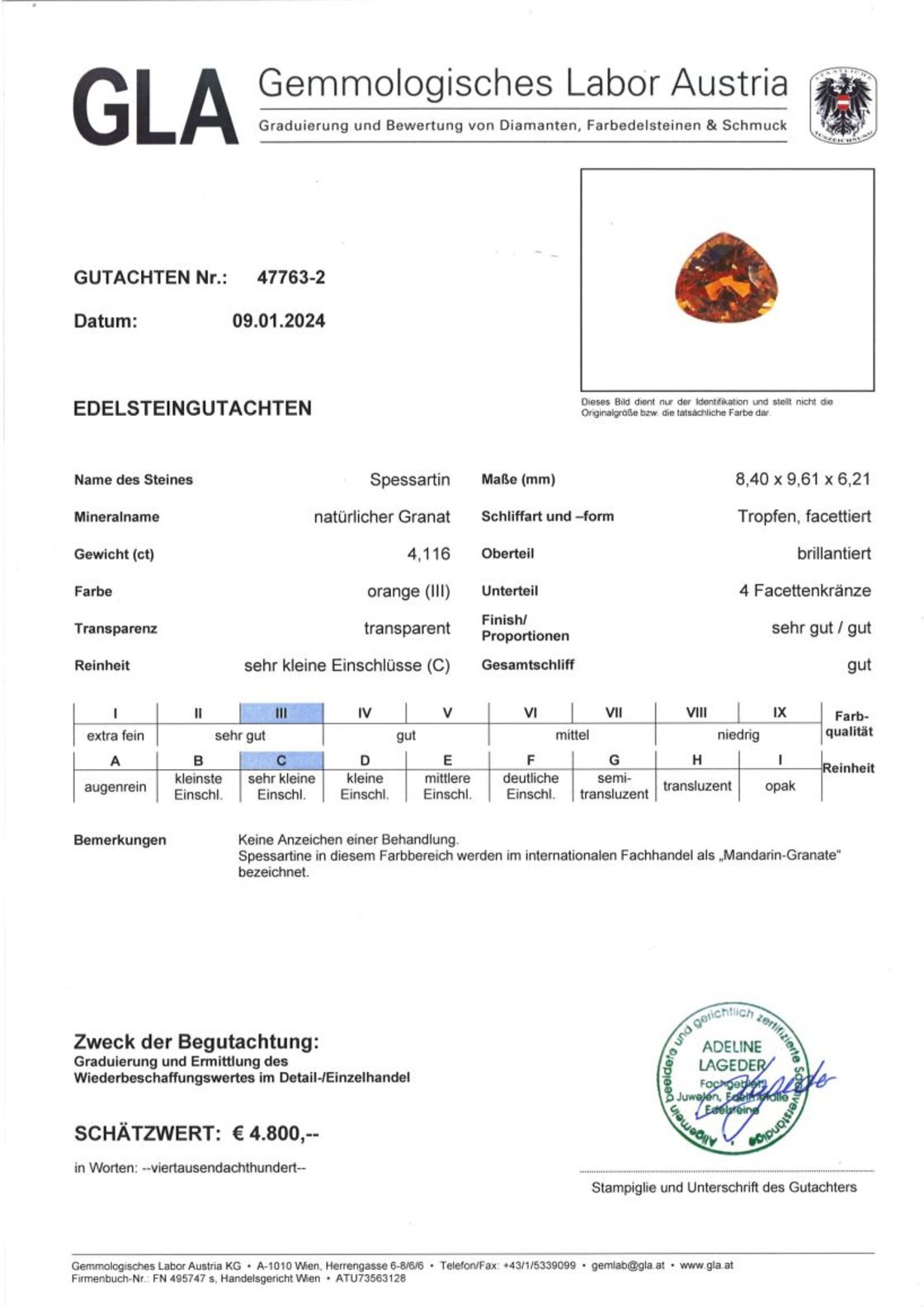 Mandarin Granat Tropfenschliff intensives Orange 4,116 ct