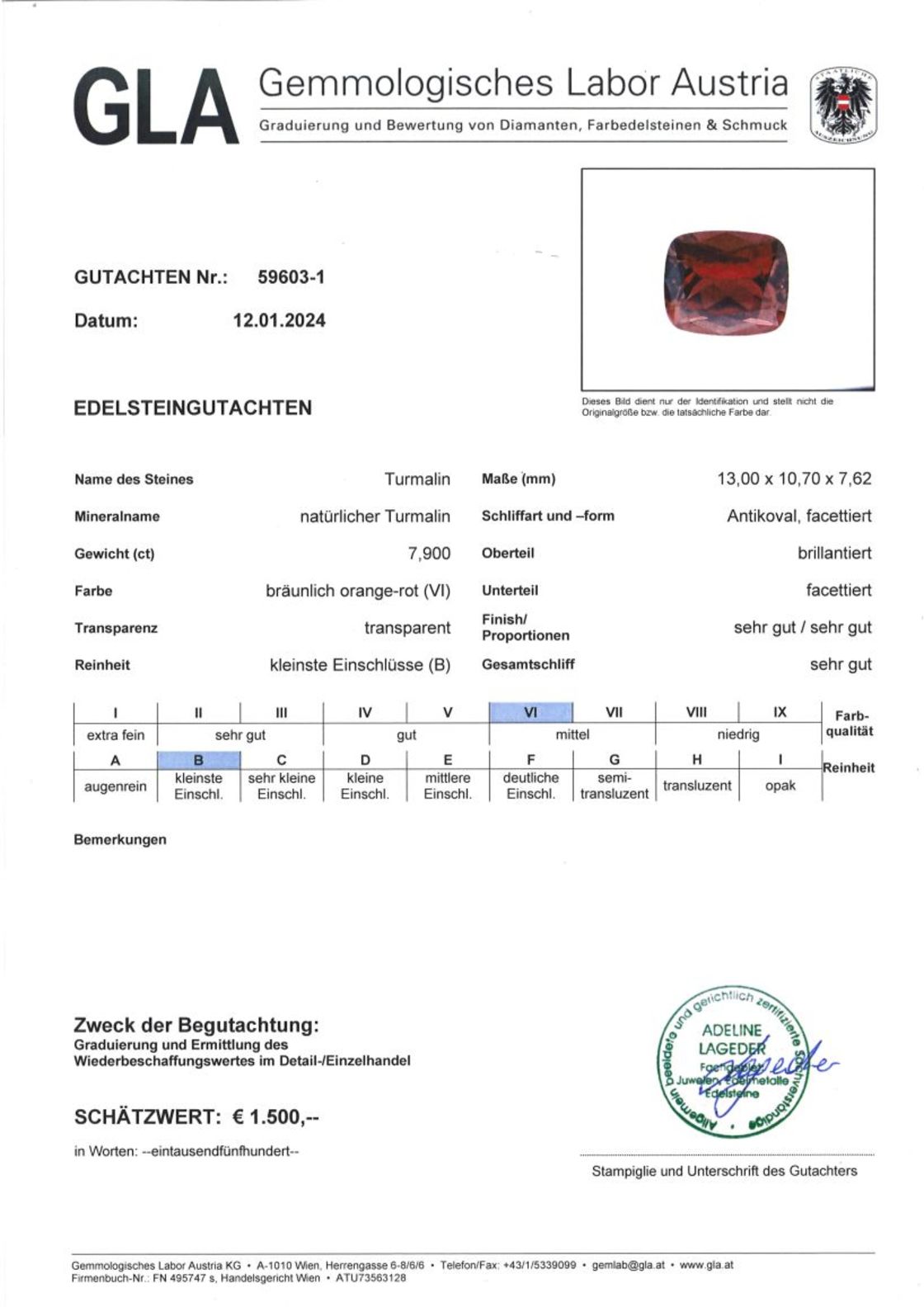 Gutachten zu Tourmaline cushion brownish pink-red 7.90 ct.
