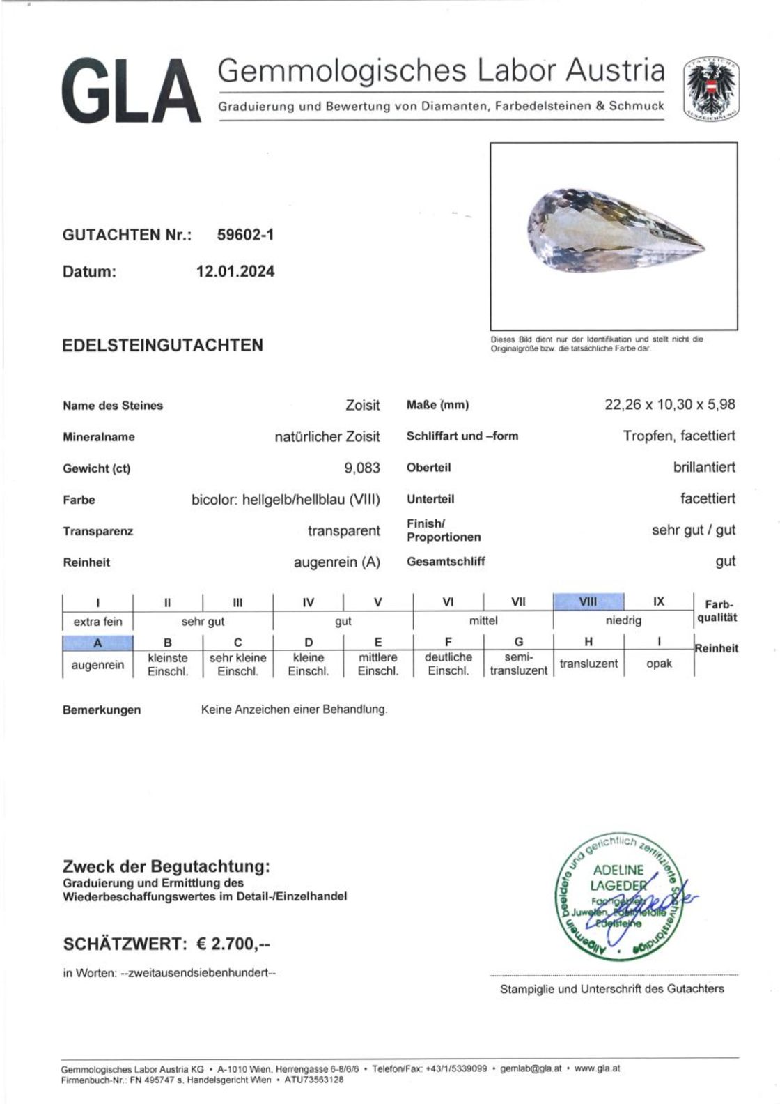Gutachten zu Zoisit Tropfen bicolor ungebrannt 9,08 ct