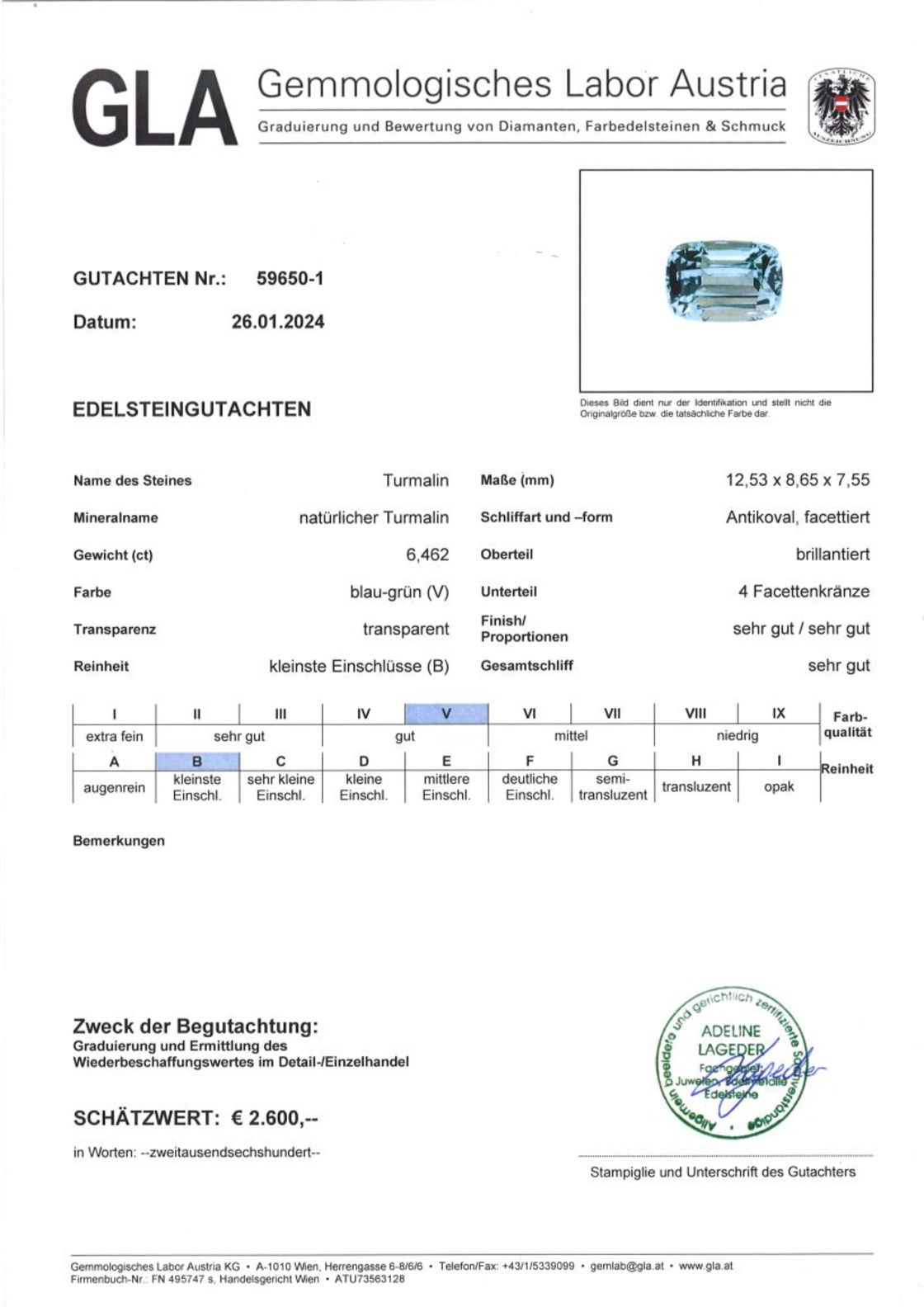 Gutachten zu Tourmaline cushion light blue green 6.46 ct.