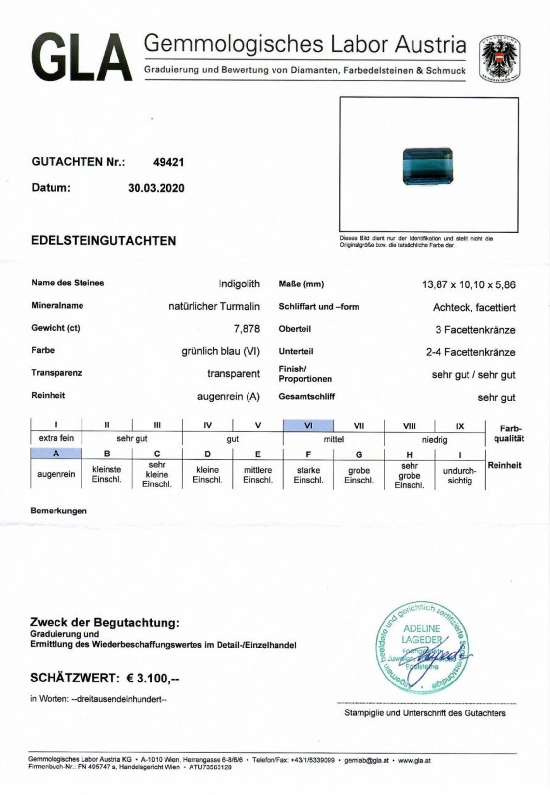Indigolith Turmalin Achteckschliff grünlich blau 7,878 ct