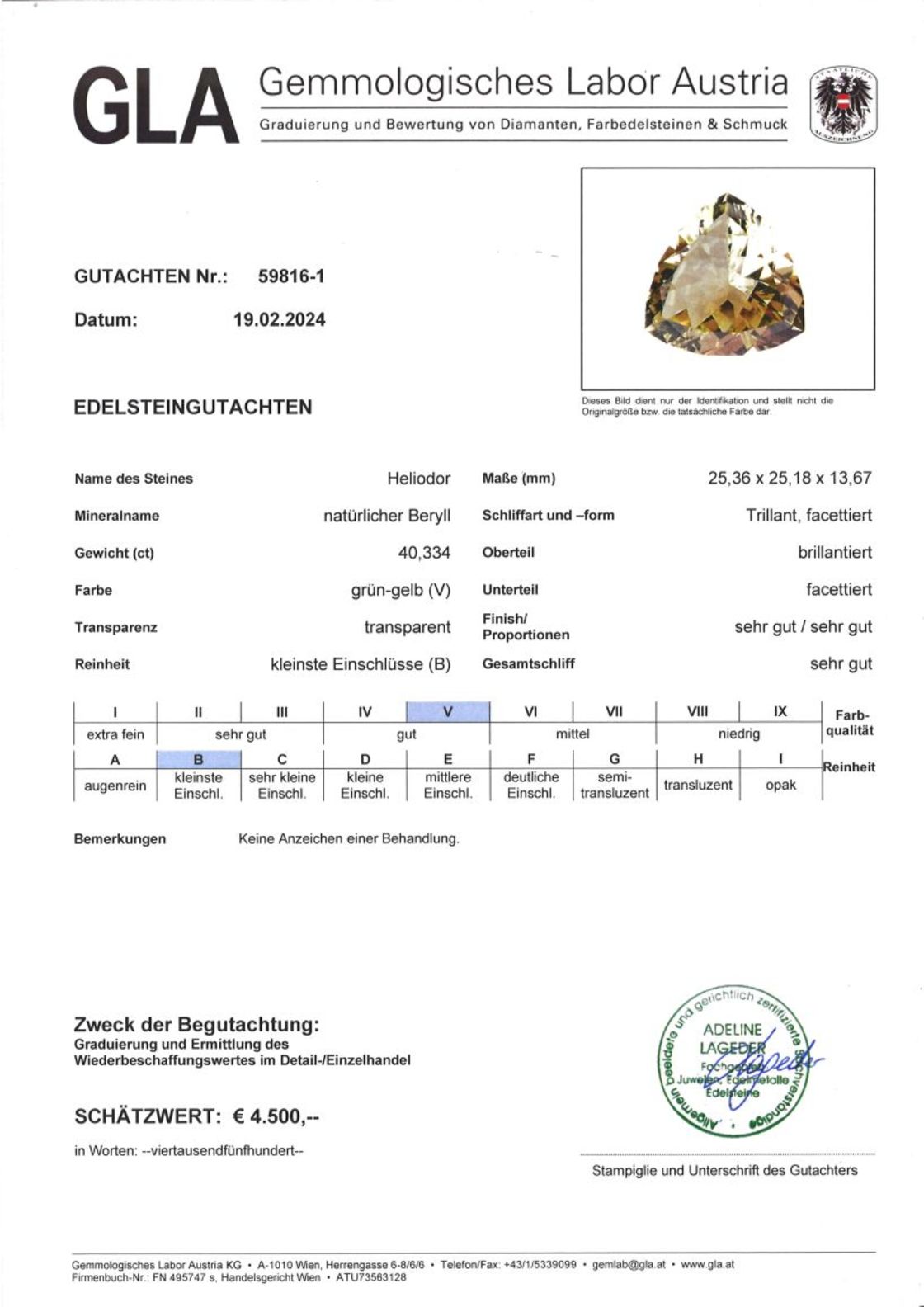 Heliodor Beryll Trillionschliff grünlich gelb 40,33 ct