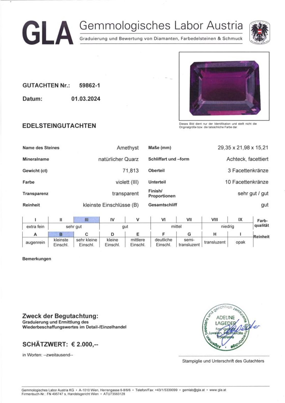 Amethyst Achteckschliff intensives Violett 71,813 ct