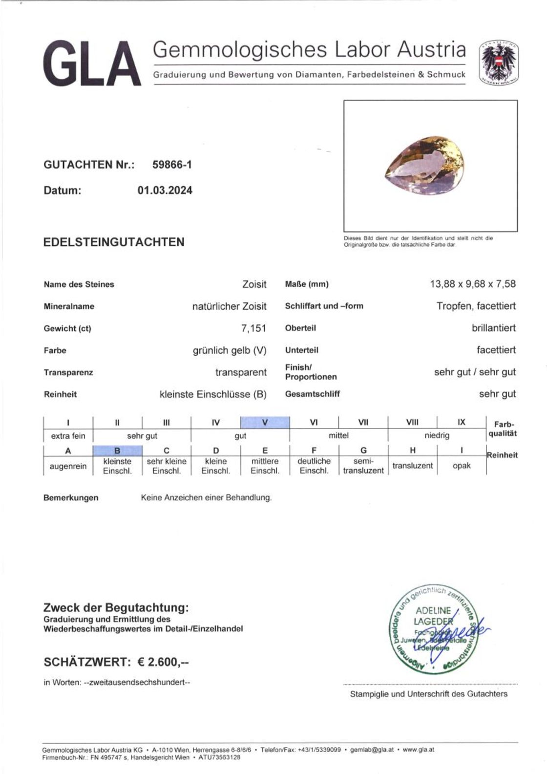 Gutachten zu Zoisit Tropfen gelbgrün ungebrannt 7,15 ct