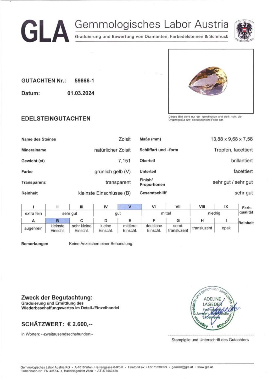 Zoisit Tropfenschliff grünlich gelb unbehandelt 7,151 ct