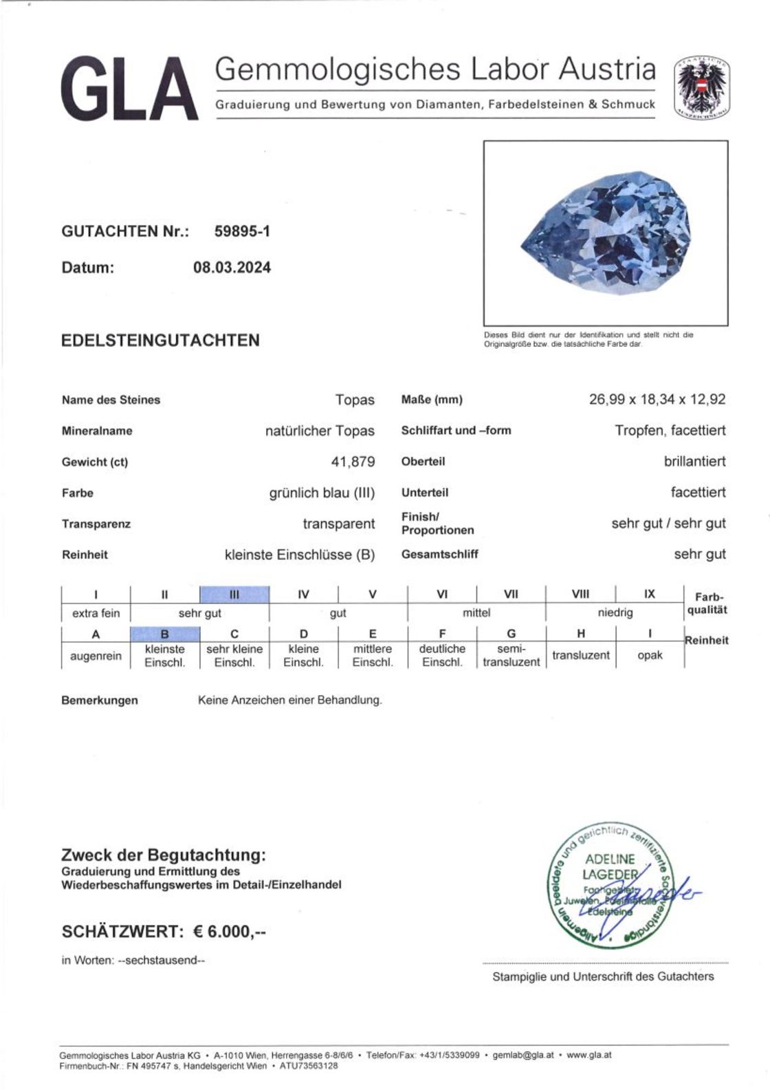 Topas Tropfenschliff hellblau unbehandelt 41,879 ct