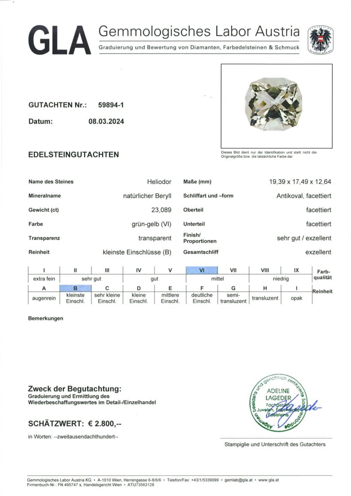 Heliodor Beryll Design-Antikschliff grünlich gelb 23,089 ct