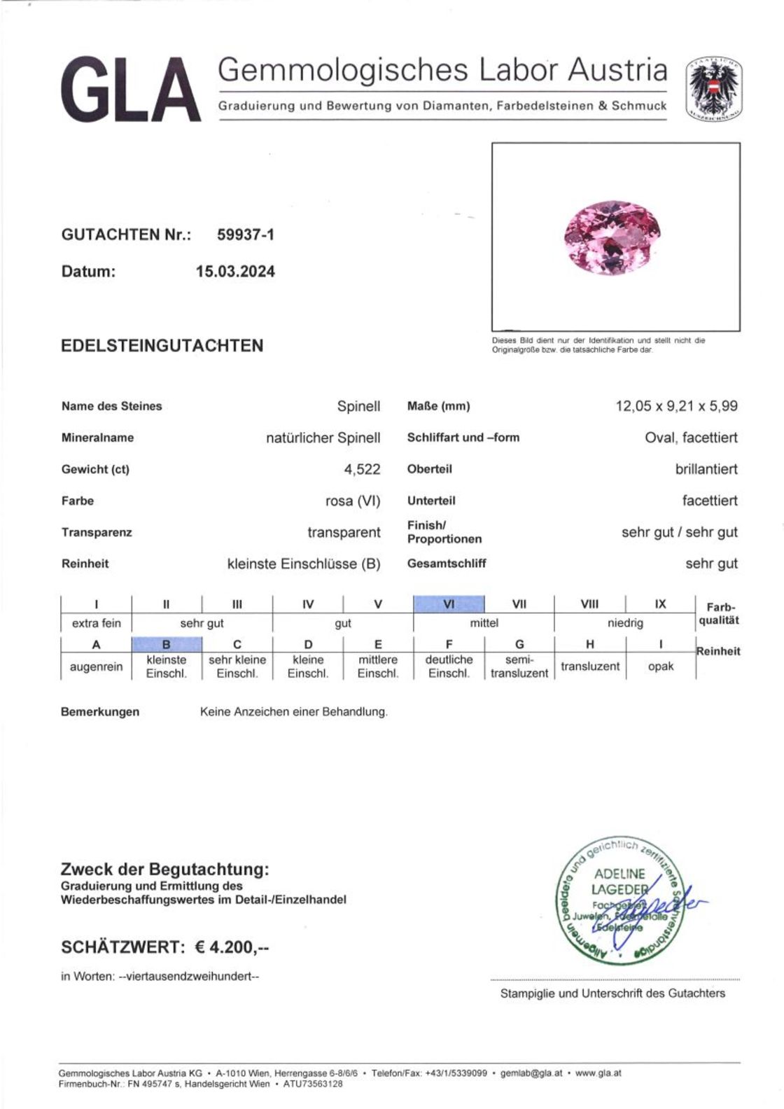 Spinell Ovalschliff rosa unbehandelt 4,522 ct