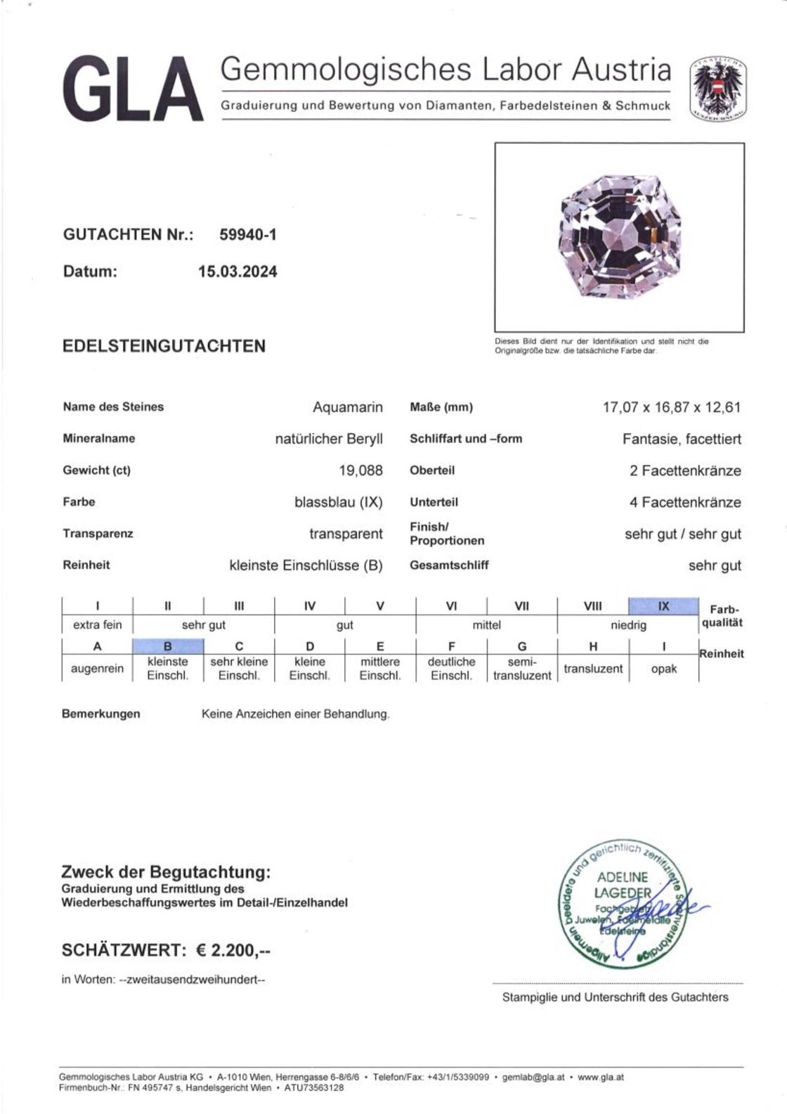 Gutachten zu Aquamarin Design-Achteck zartblau 19,08 ct