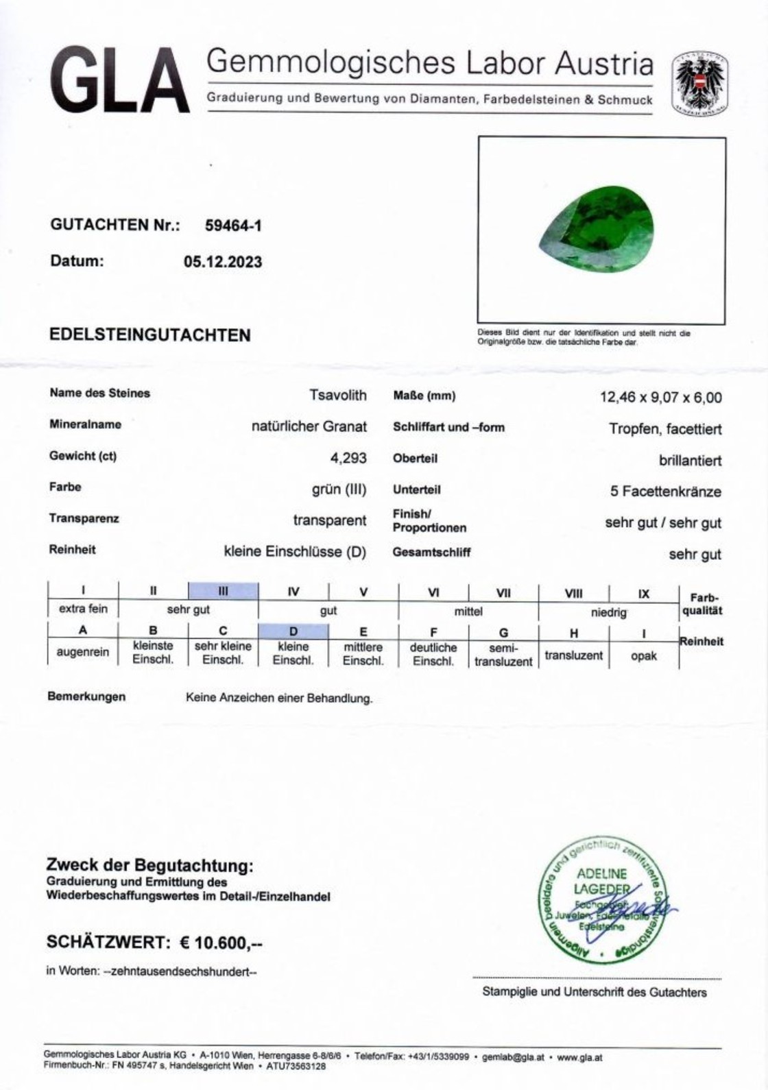 Tsavorit Granat Tropfenschliff intensives Grün 4,293 ct