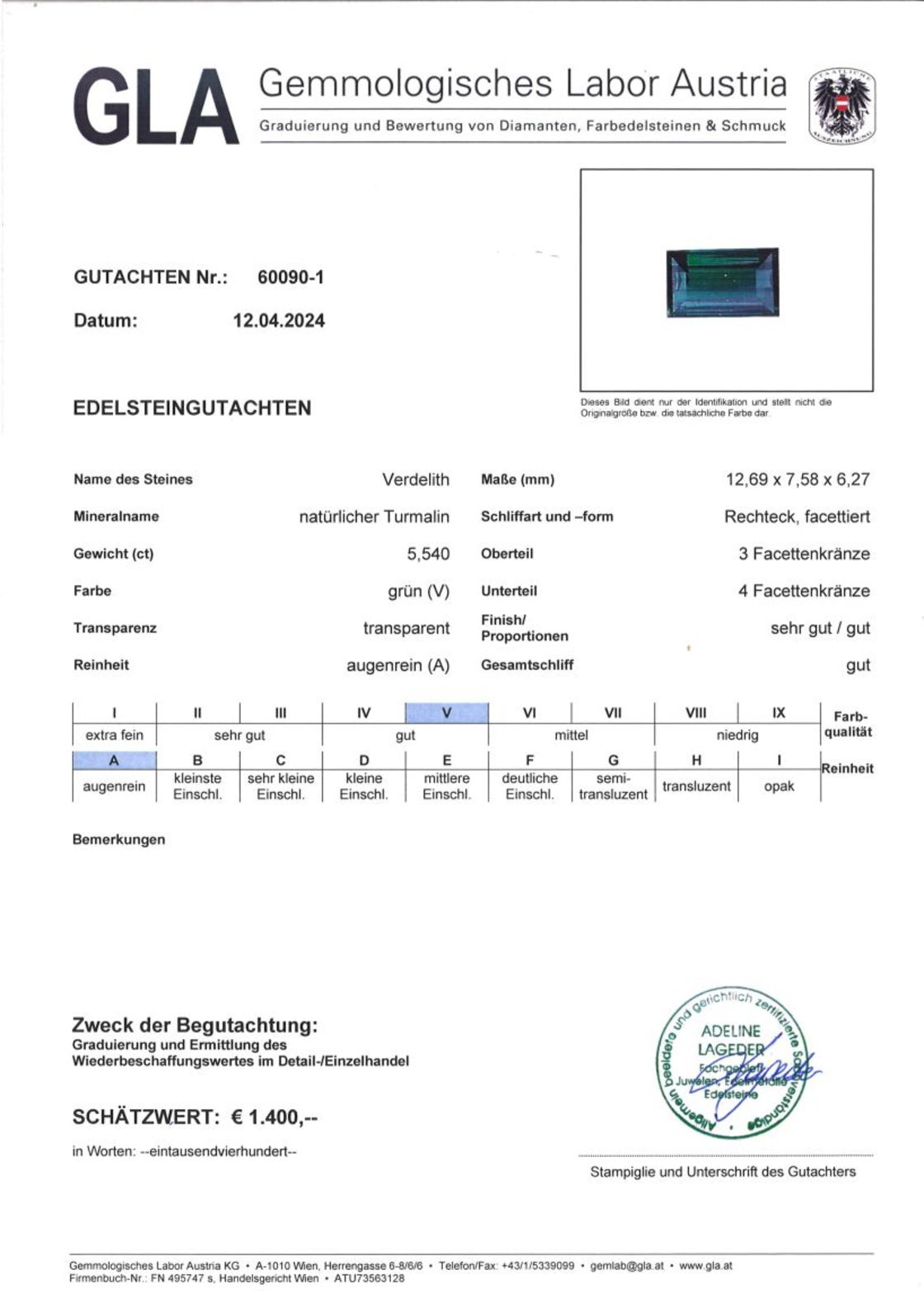 Gutachten zu Verdelith Turmalin Rechteck grün 5,54 ct