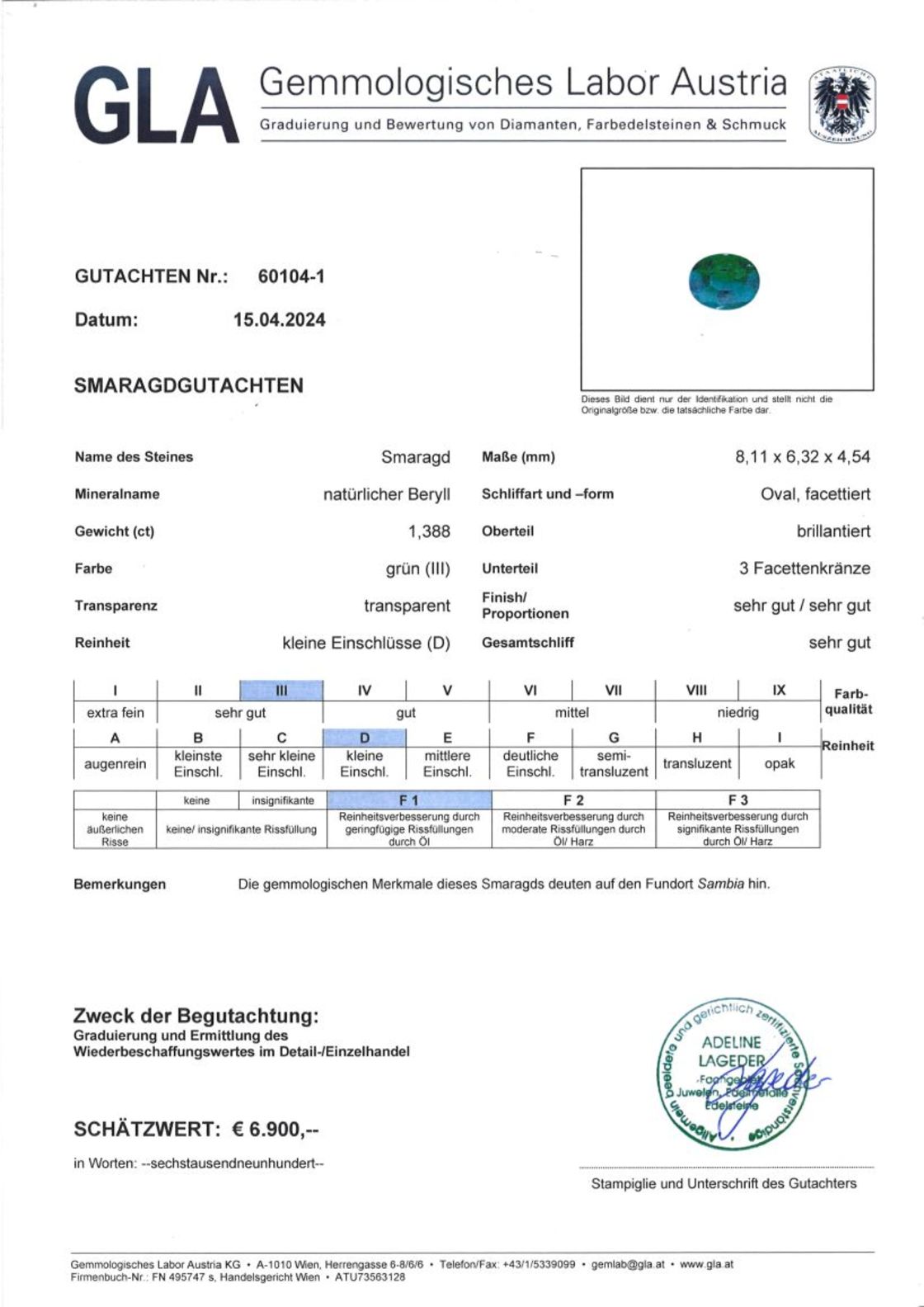 Smaragd Ovalschliff intensives Grün F1 1,388 ct