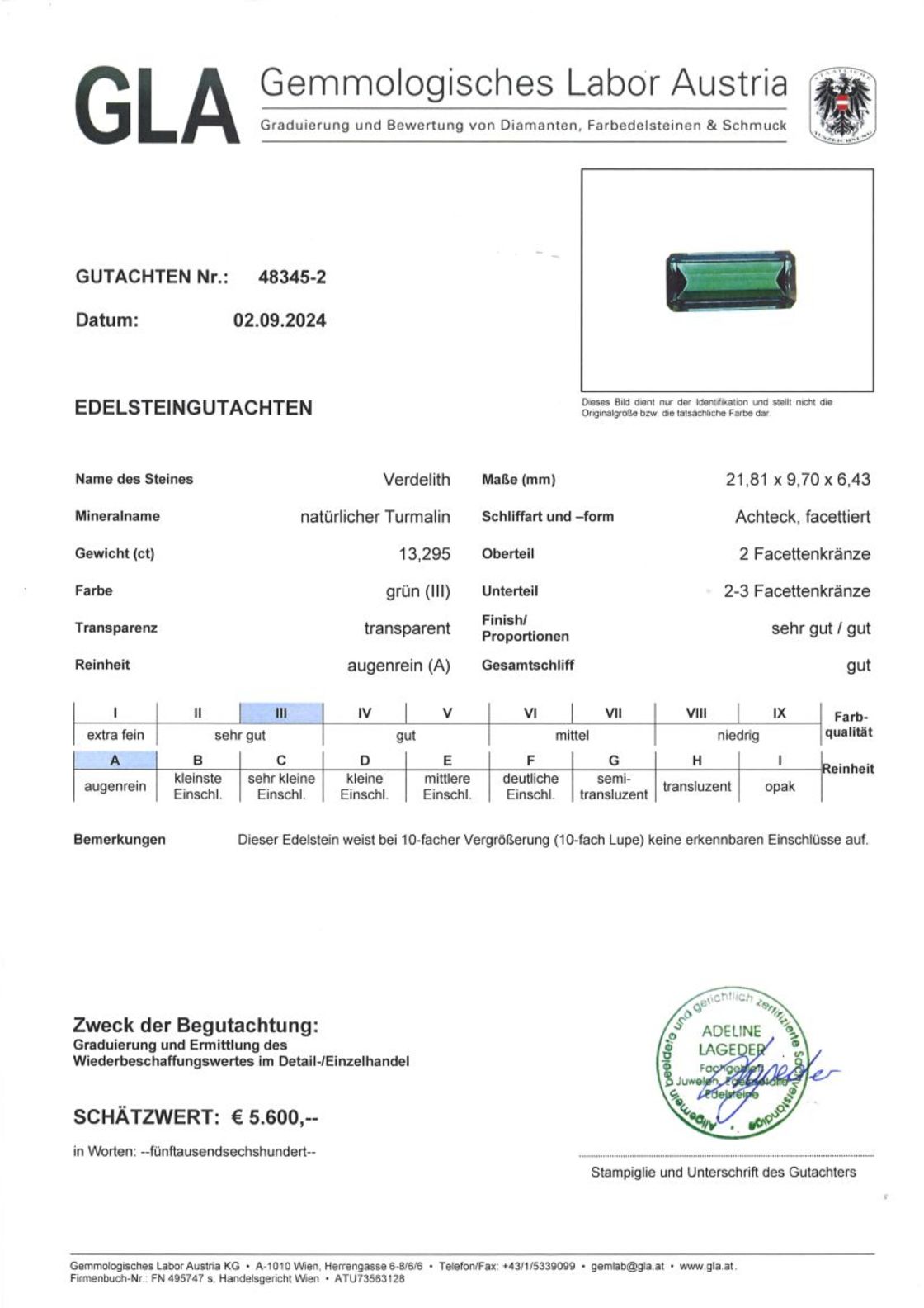Gutachten zu Verdelith Turmalin octagon grün 13,29 ct