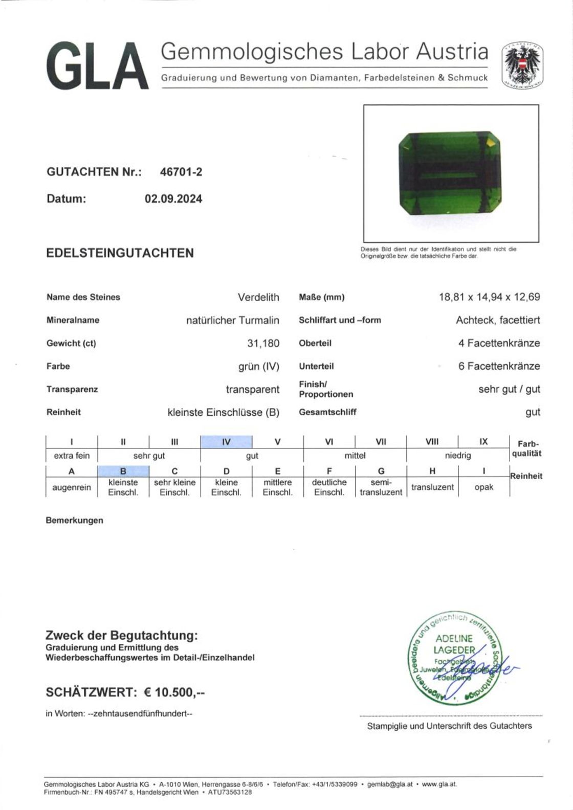 Gutachten zu Verdelith Turmalin octagon grün 31,18 ct