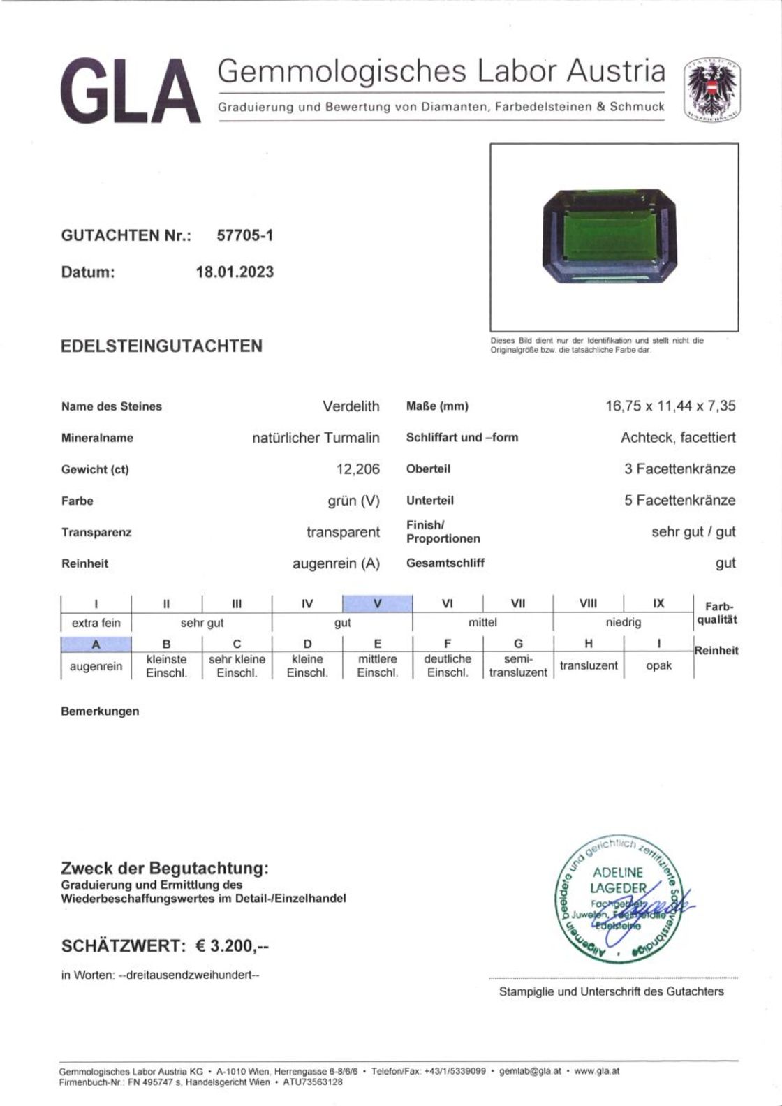 Gutachten zu Verdelith Turmalin octagon grün 12,20 ct.