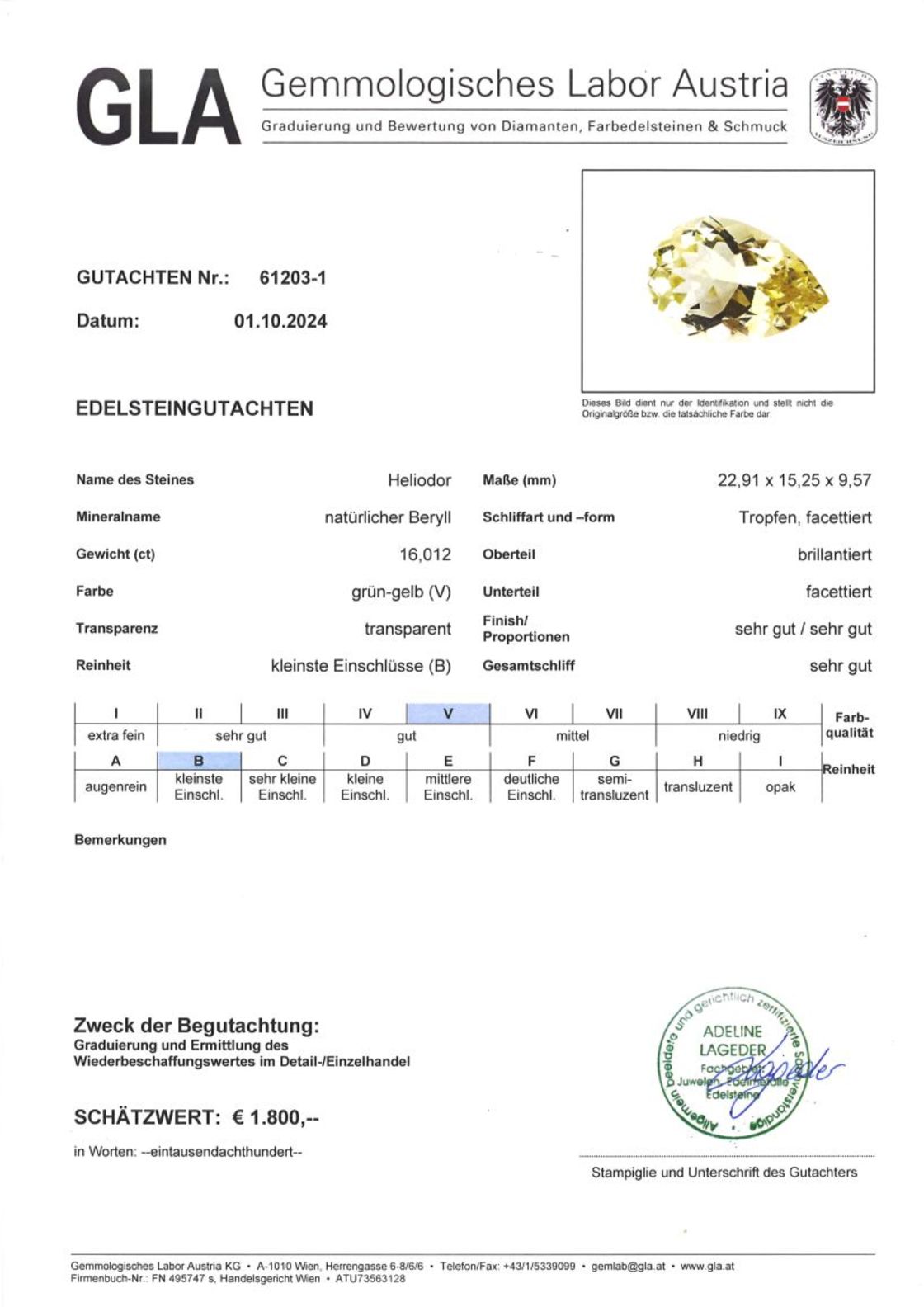 Gutachten zu Heliodor Beryll pear greenish yellow 16.01 ct.