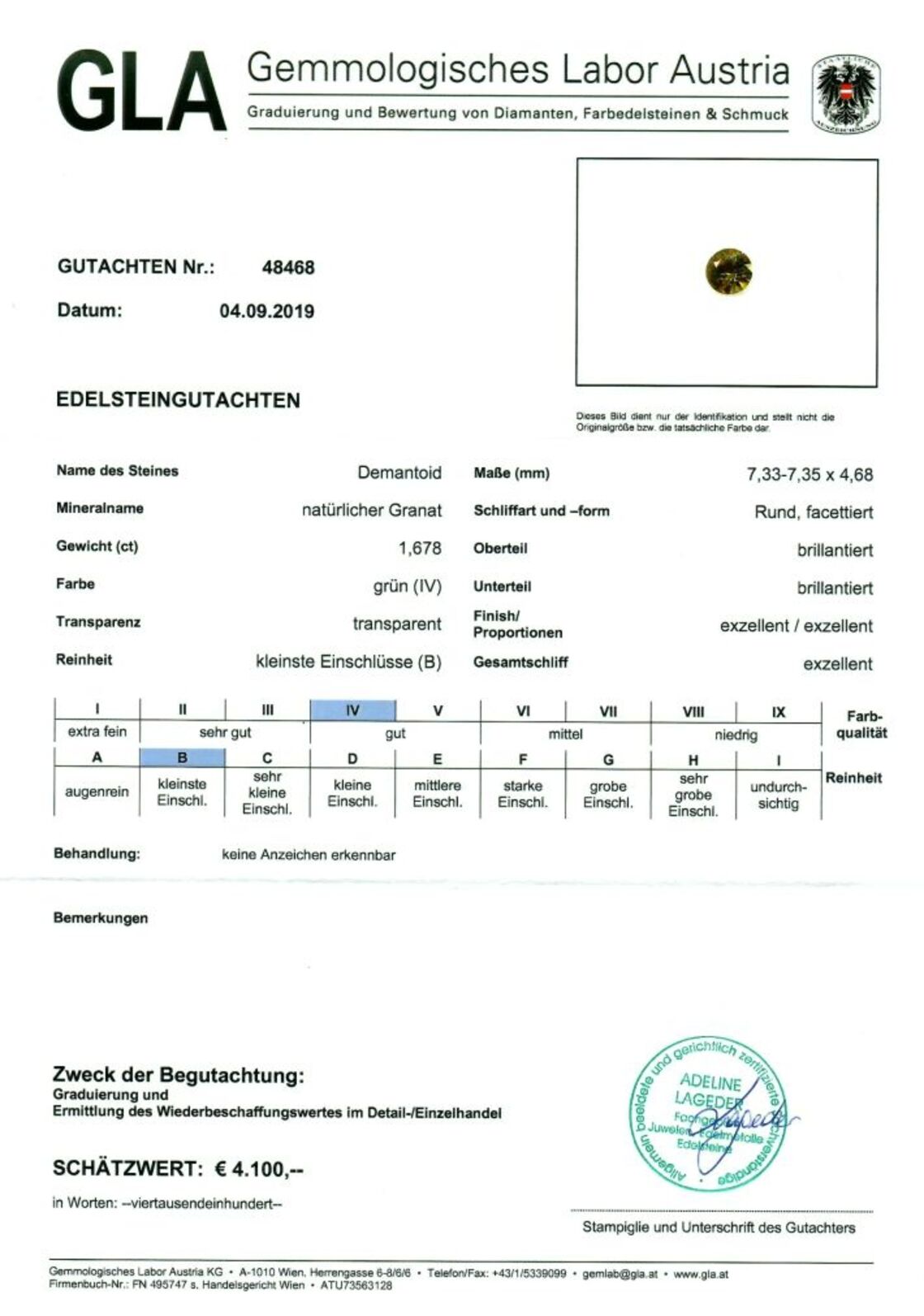 Gutachten zu Demantoid Granat rund-brillantiert grün 1,67 ct