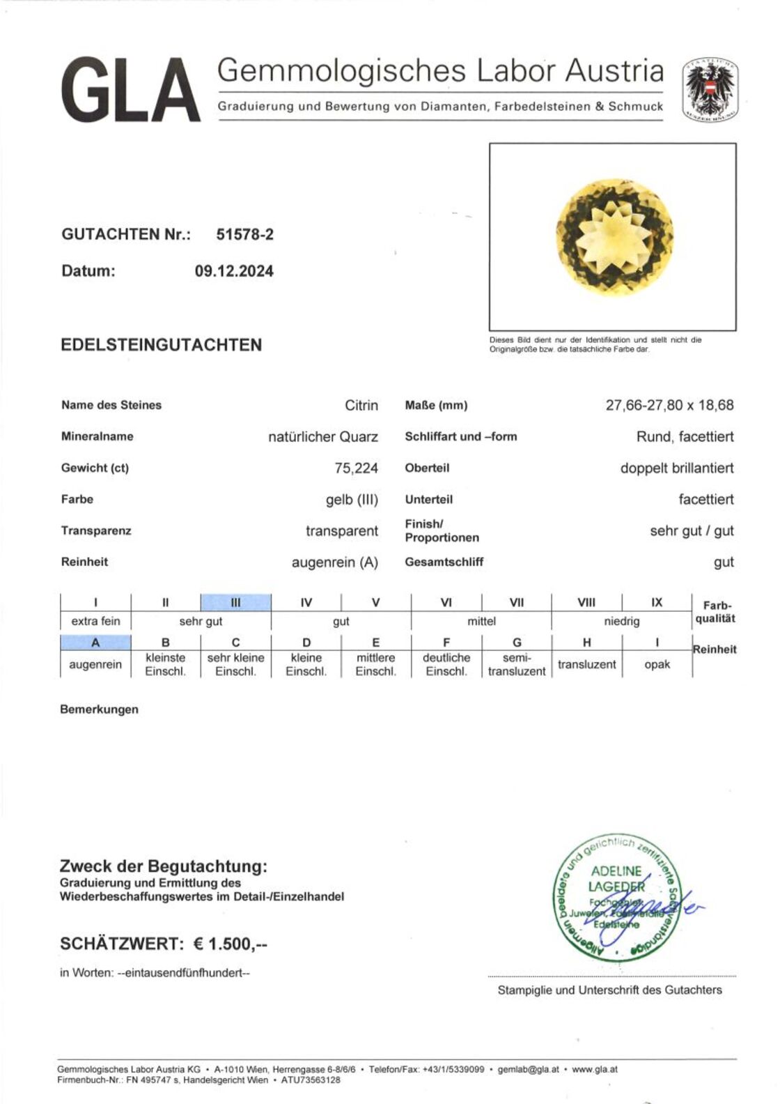 Gutachten zu Citrin rund goldgelb 75,22 ct