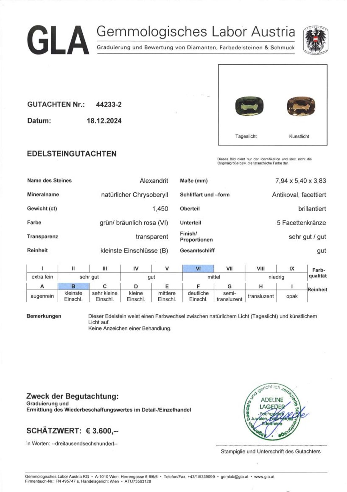 Gutachten zu Alexandrit antik grün Tageslicht 1,45 ct