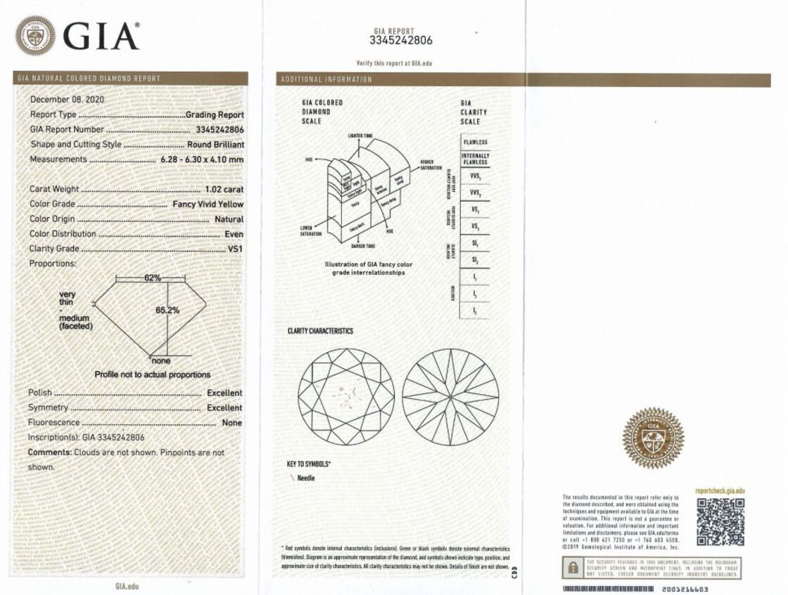 Gutachten zu Farbdiamant Brillant sehr intensives Gelb vs1 1,02 ct.