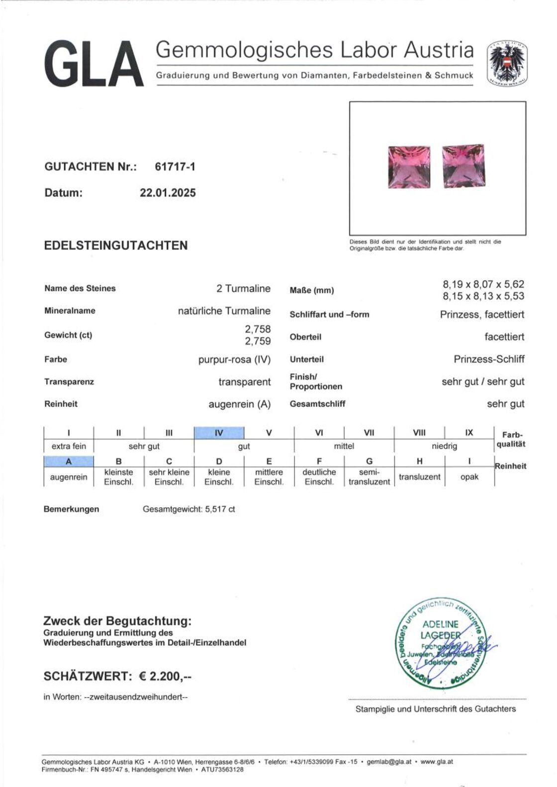 Gutachten zu Tourmaline Pair princess purplish pink 5.51 ct