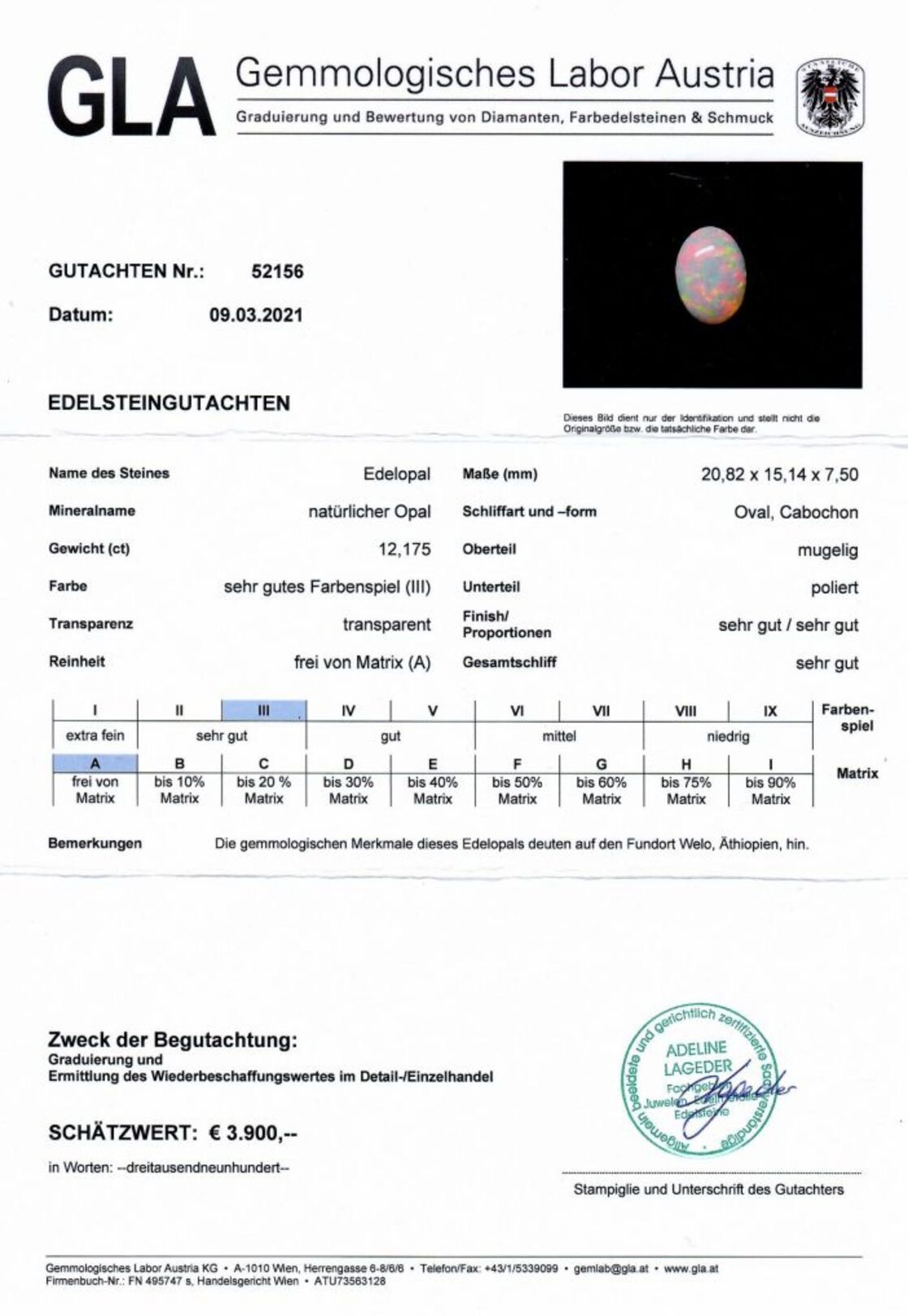 Gutachten zu Edelopal Cabochon oval 12,17 ct.