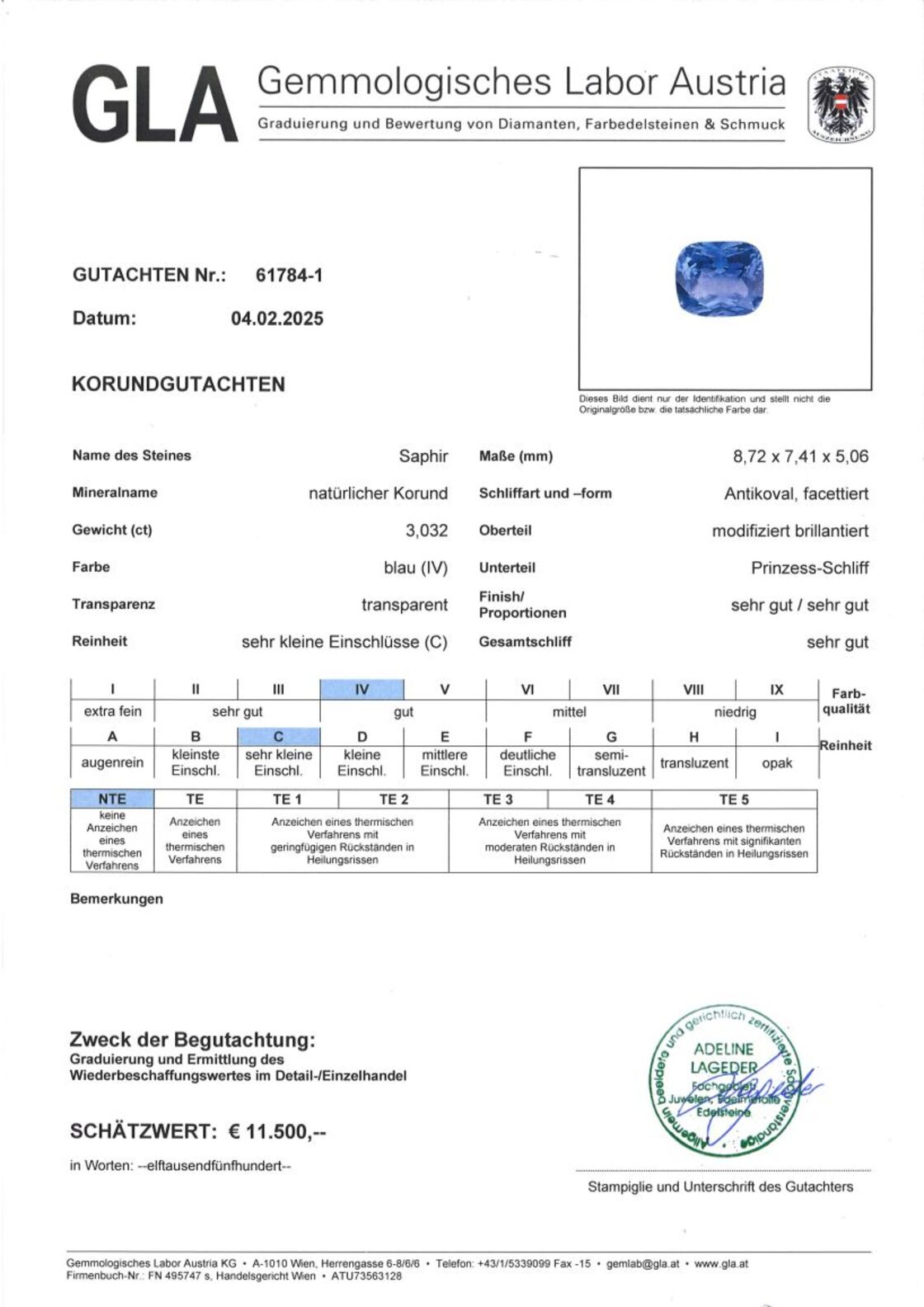 Gutachten zu Saphir antik-princess blau ungebrannt 3,03 ct.