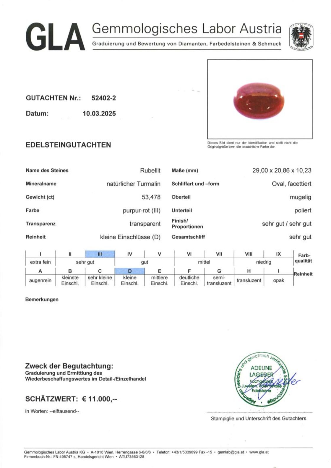 Gutachten zu Rubellite Tourmaline cabochon oval purple red 53.47 ct