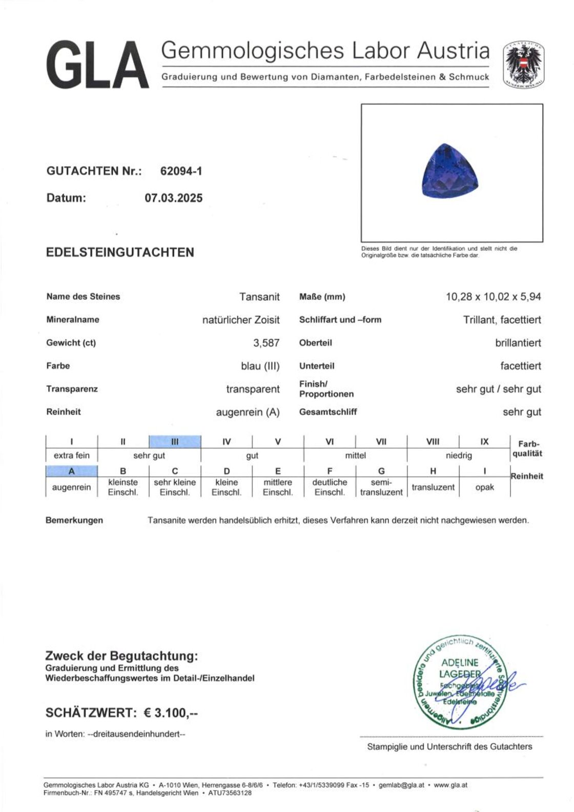 Gutachten zu Tansanit Trillion intensives Blau 3,58 ct.
