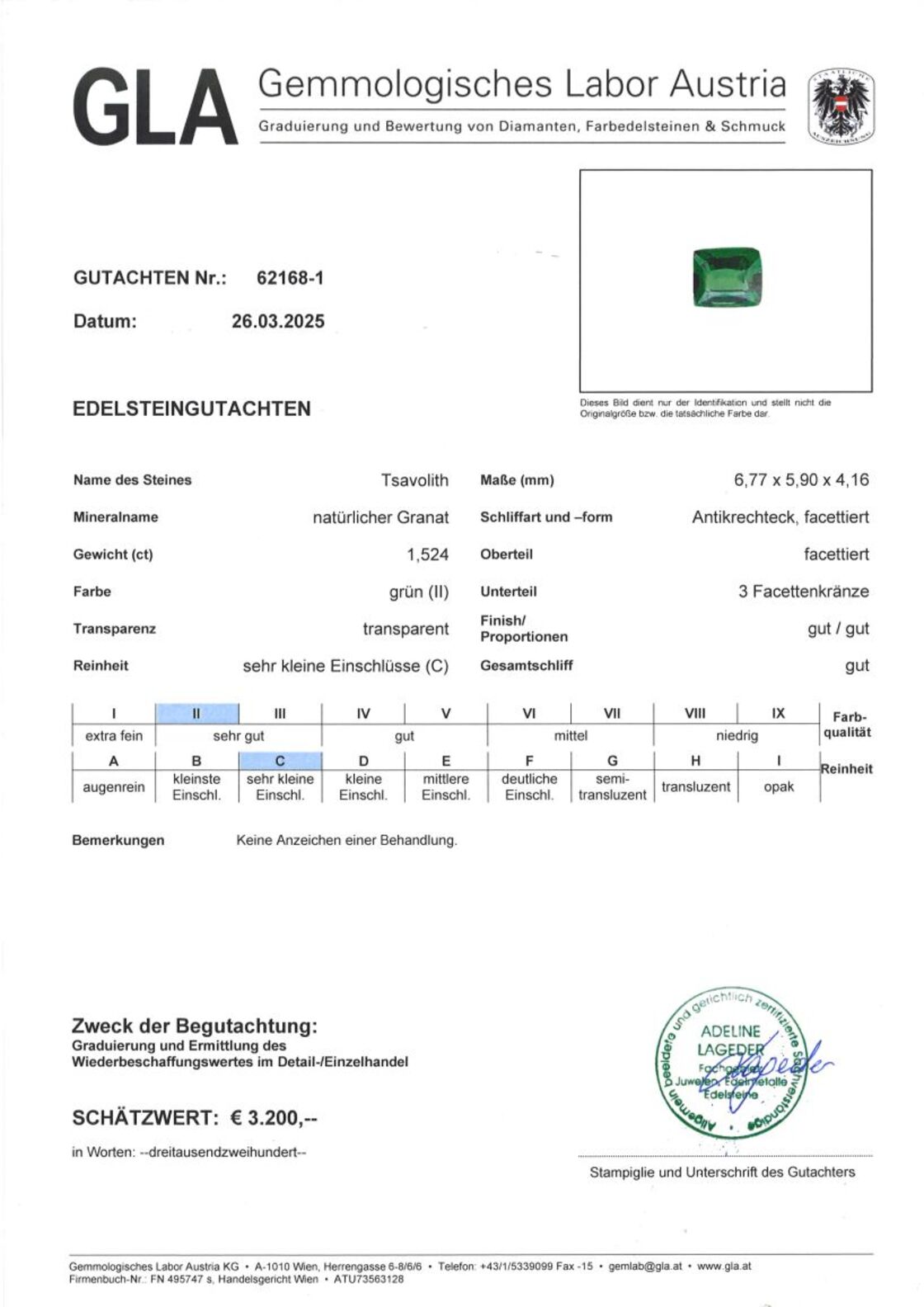 Gutachten zu Tsavorit Granat antik intensives Grün 1,52 ct