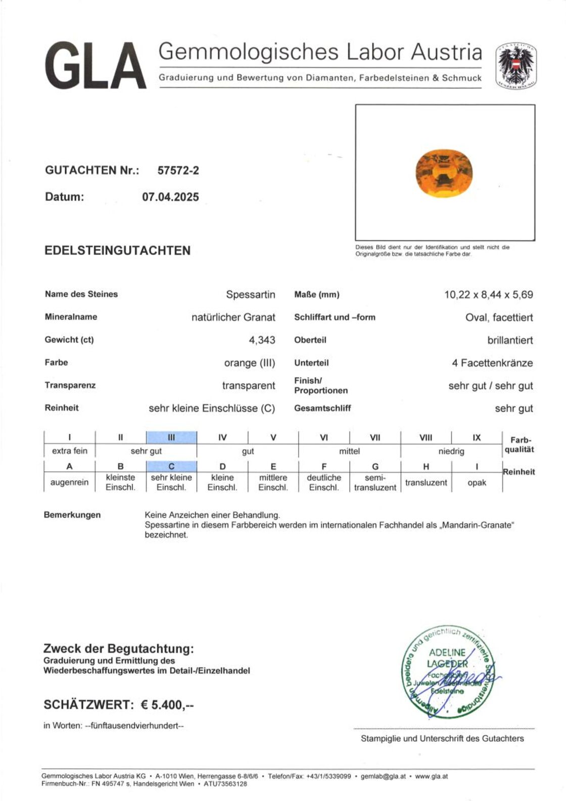 Gutachten zu Mandarin-Granat oval intensives Orange 4,34 ct.