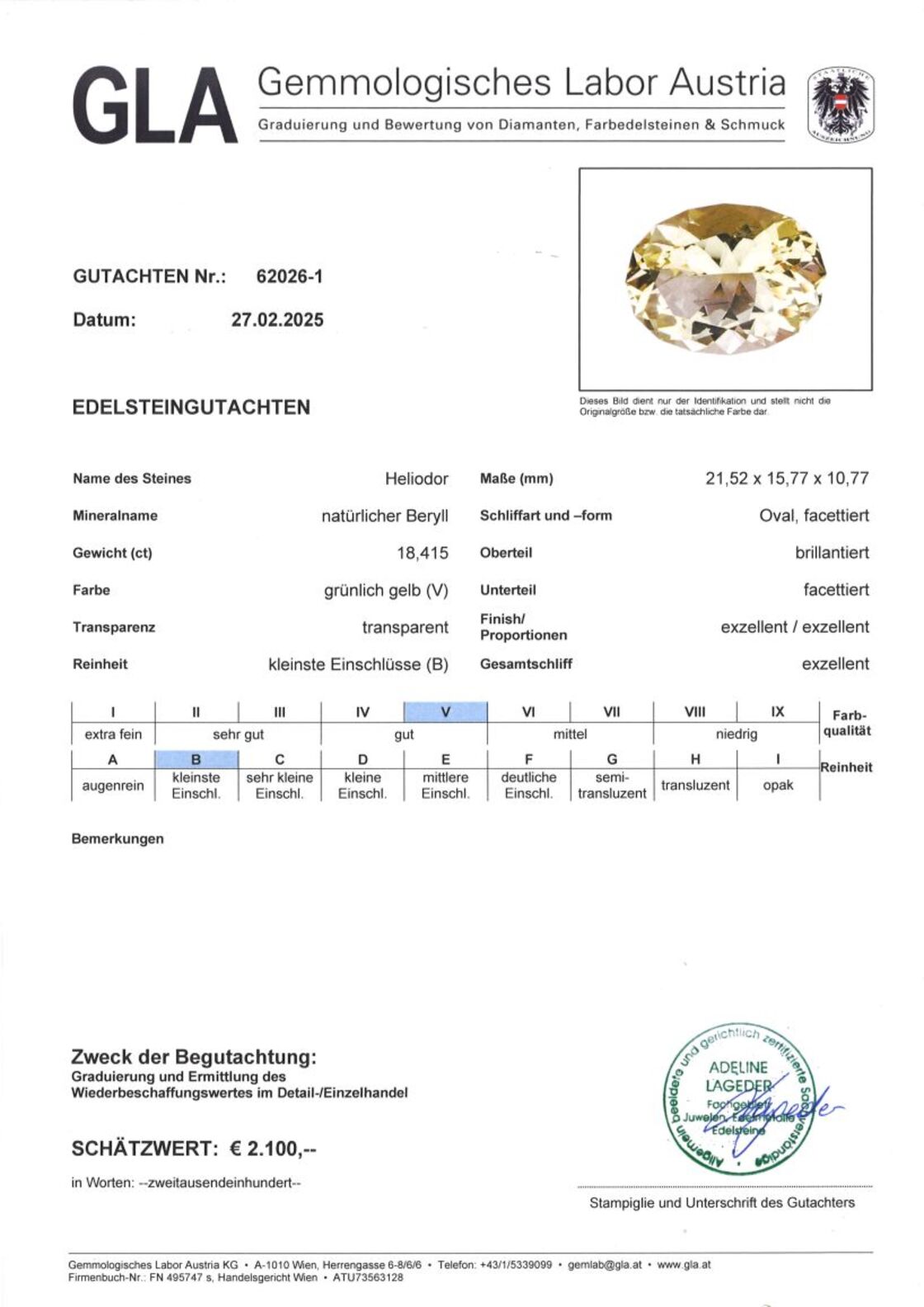 Gutachten zu Heliodor Beryll oval grünlich gelb 18,41 ct.