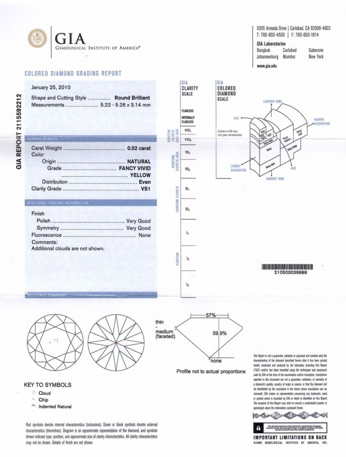 Gutachten zu Farbdiamant Brillant sehr intensives Gelb vs1 0,52 ct.