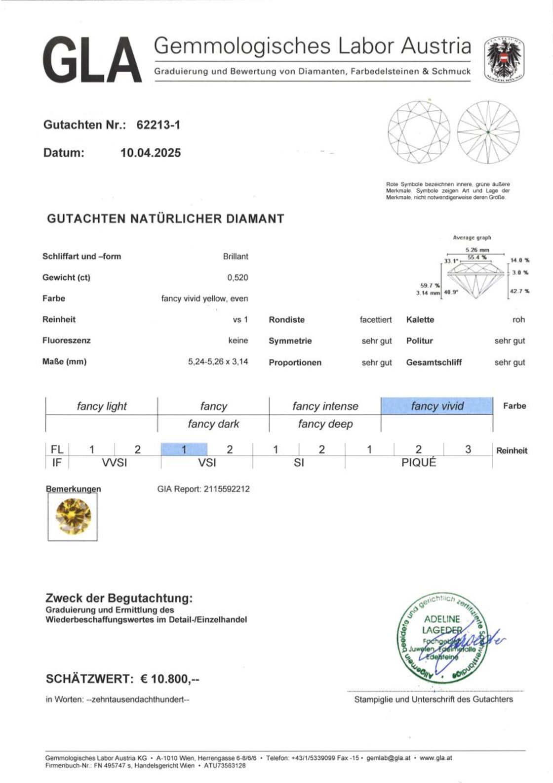Gutachten zu Farbdiamant Brillant sehr intensives Gelb vs1 0,52 ct.