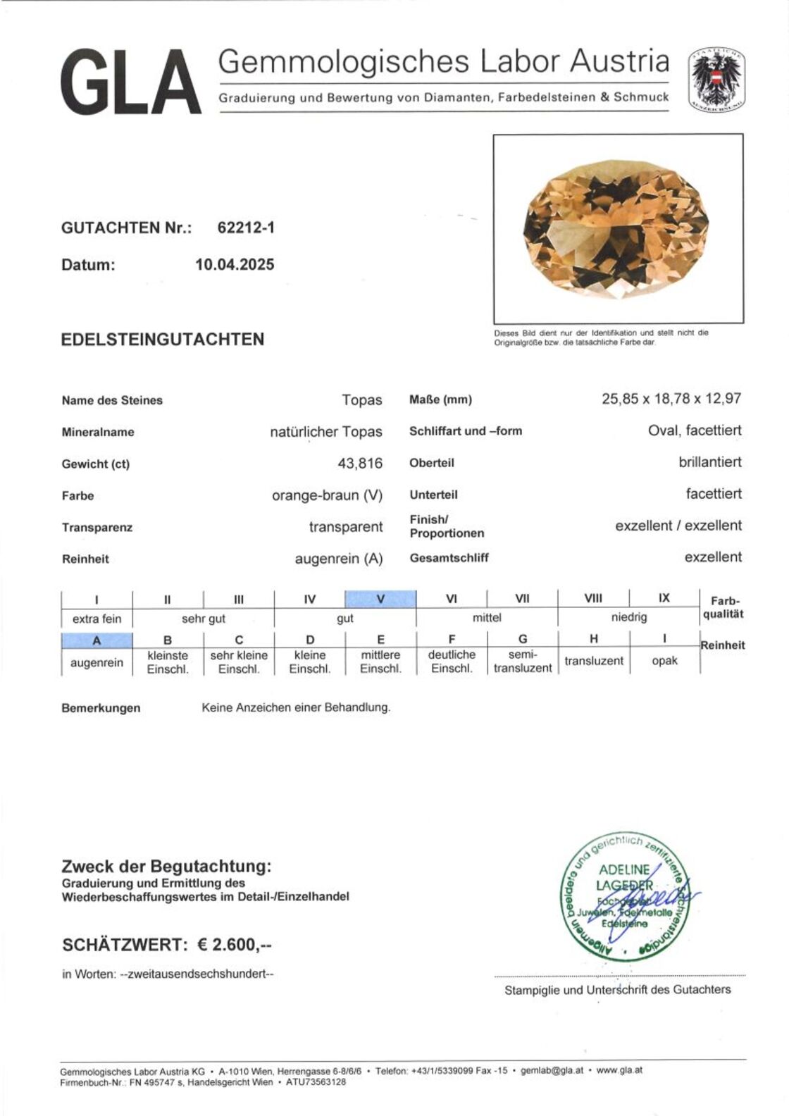 Gutachten zu Topas Design-Oval orangebraun 43,81 ct.