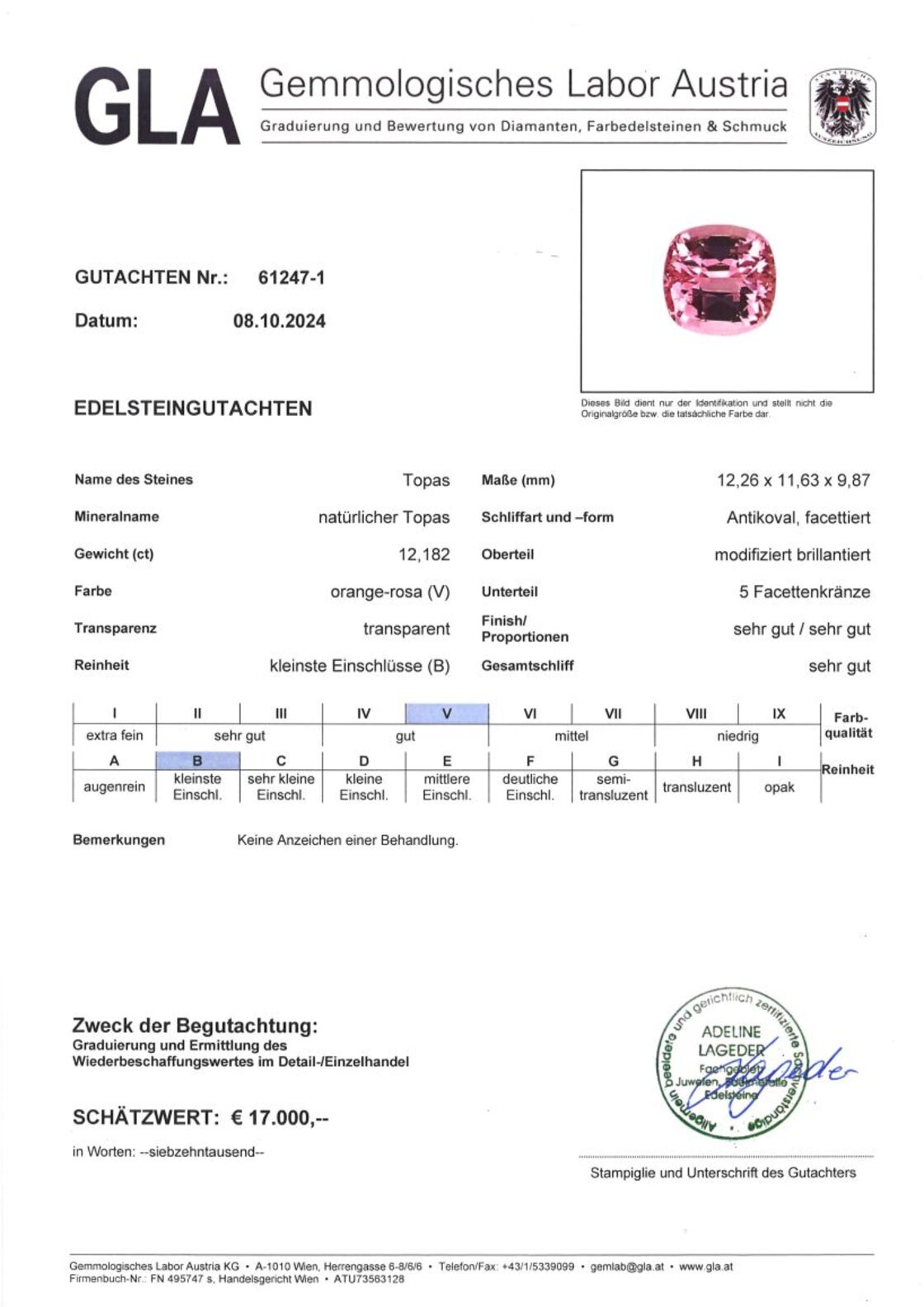 Gutachten zu Topaz cushion pink untreated 12.18 ct.