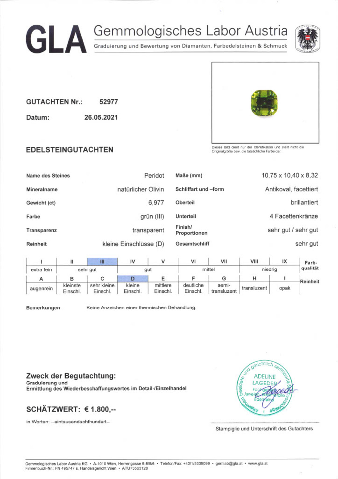 Gutachten zu Peridot cushion green 6.97 ct.