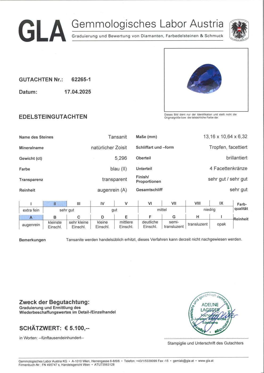 Gutachten zu Tansanit Tropfen intensives Blau 5,29 ct.