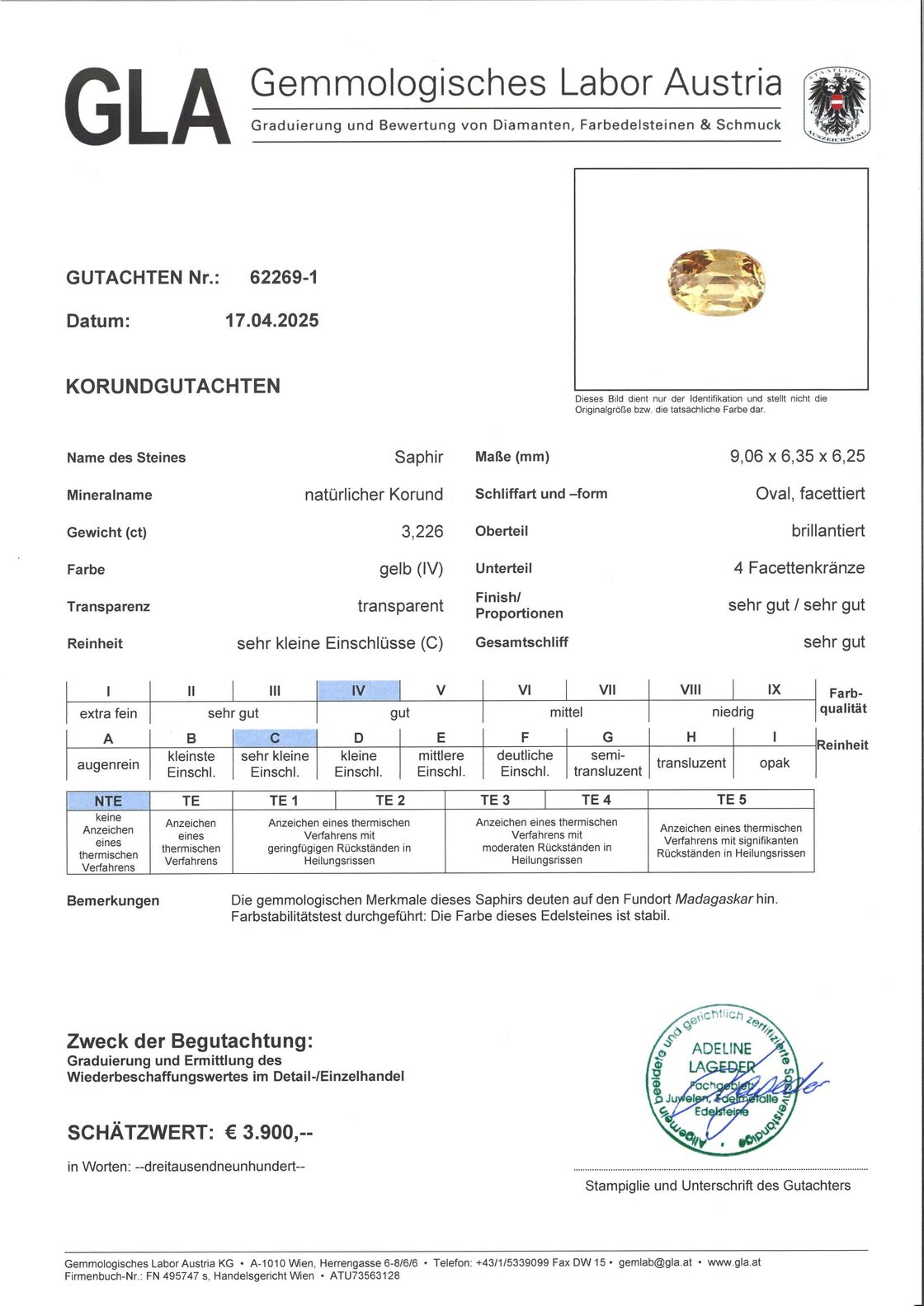 Gutachten zu Saphir oval gelb ungebrannt 3,22 ct.