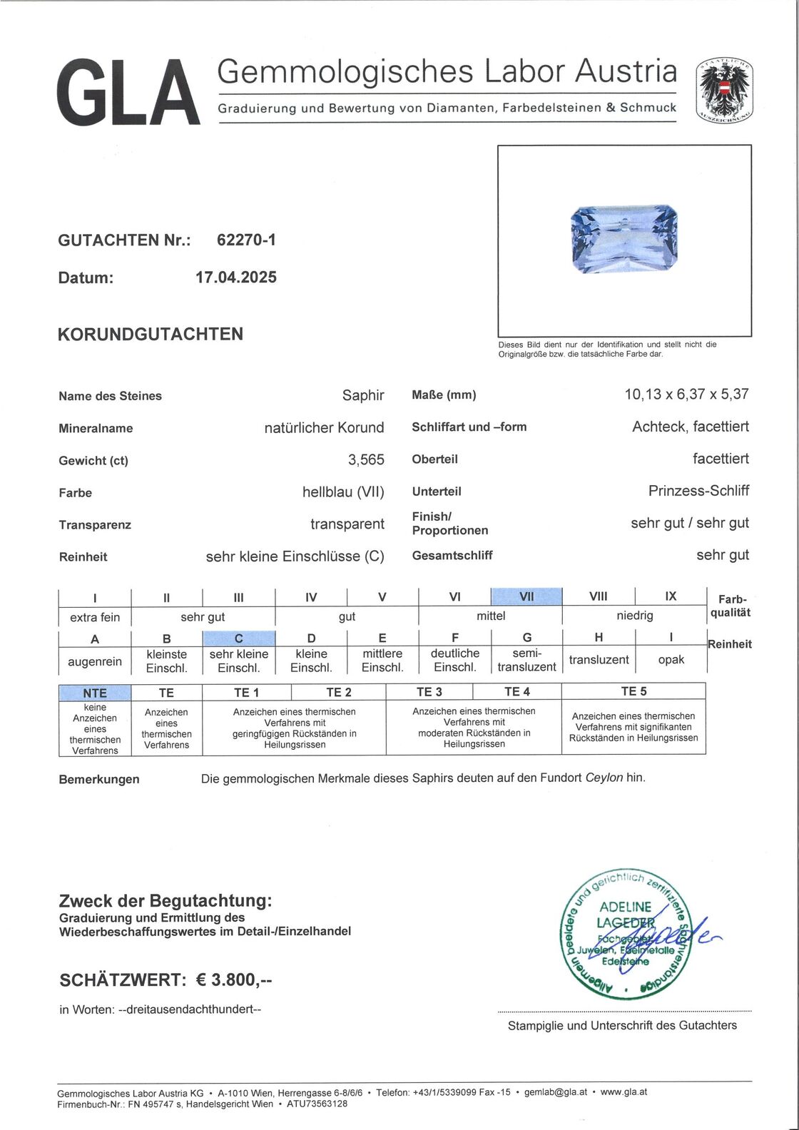 Gutachten zu Saphir octagon-princess intensives Hellblau 3,56 ct.