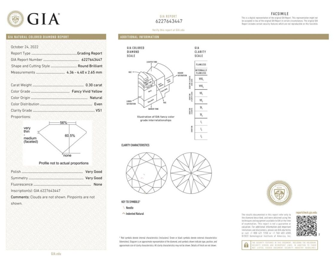 Gutachten zu Fancy Diamond round brilliant very intense yellow vs1 0.30 ct