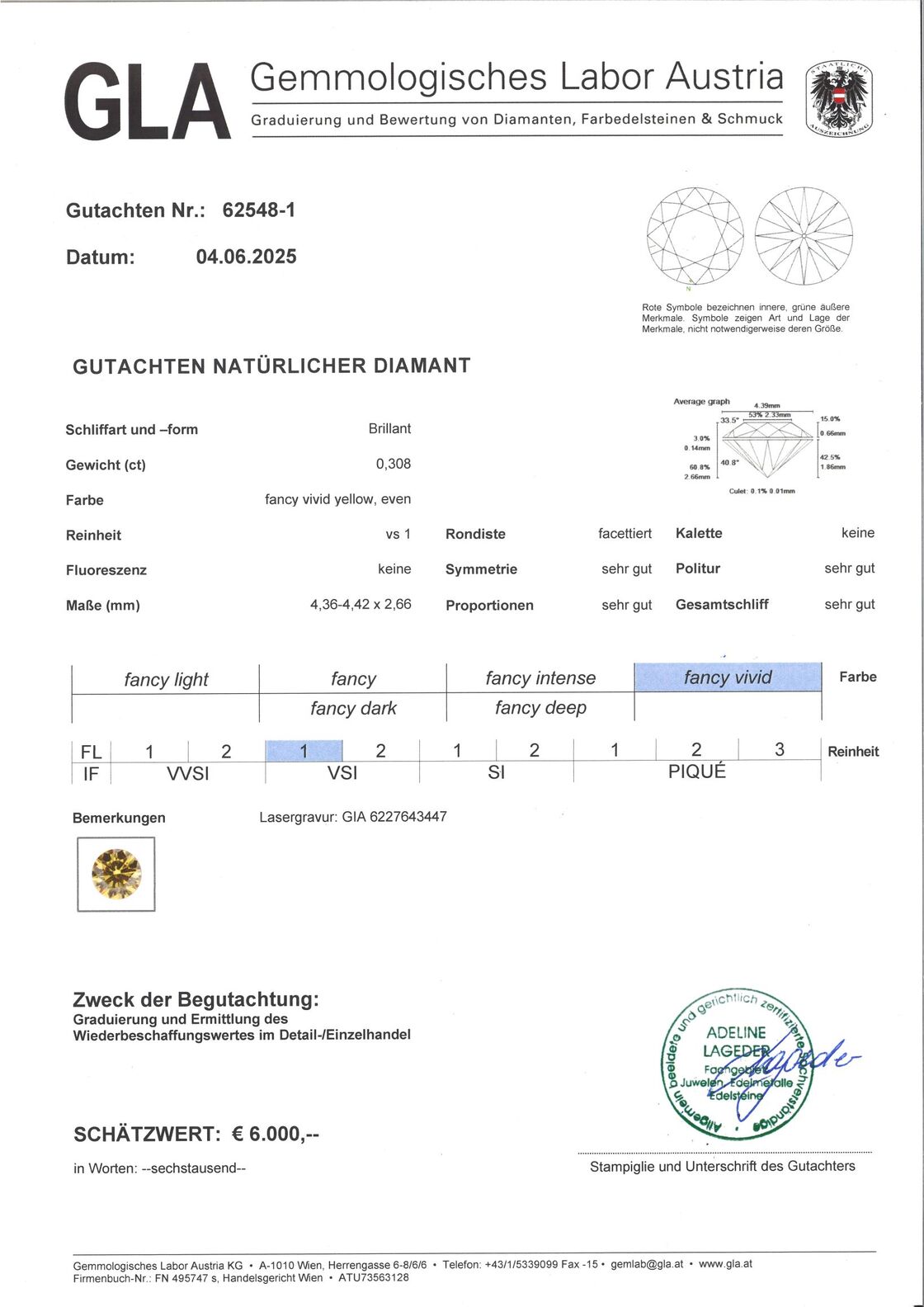 Gutachten zu Farbdiamant Brillant sehr intensives Gelb vs1 0,30 ct.