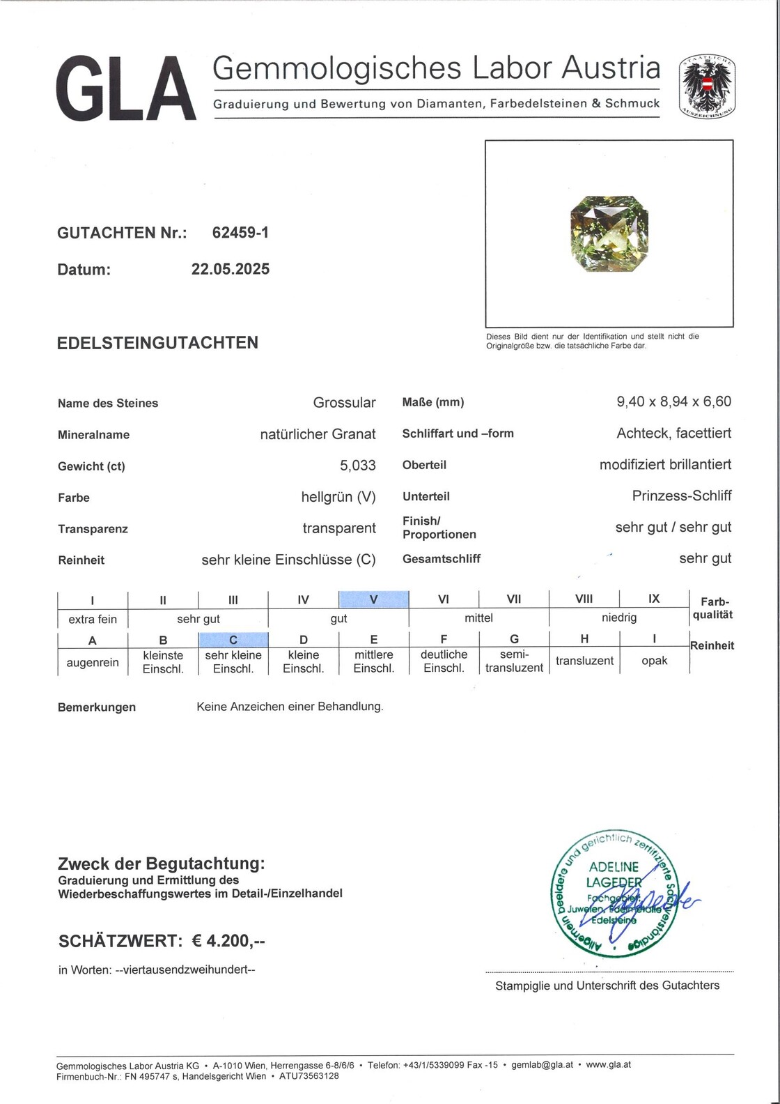 Gutachten zu Garnet Grossularite octagon light green 5.03 ct.
