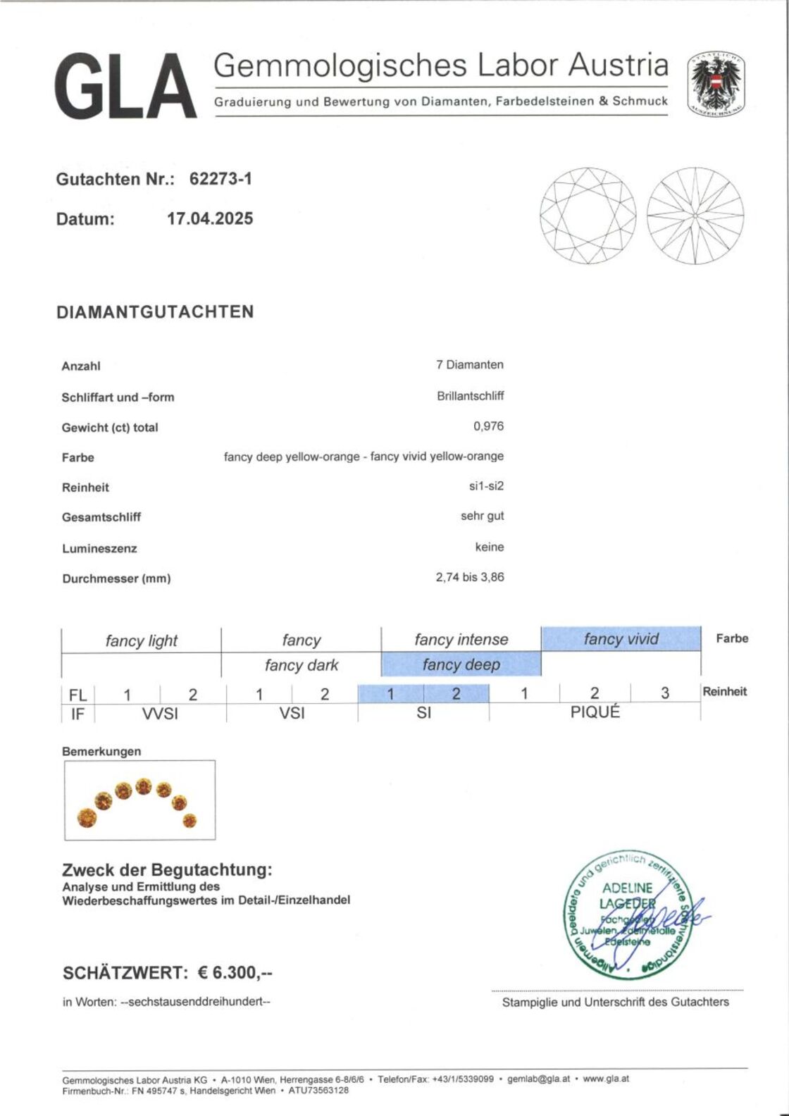 Gutachten zu Farbdiamanten Lot Brillanten gelborange 0,97 ct.